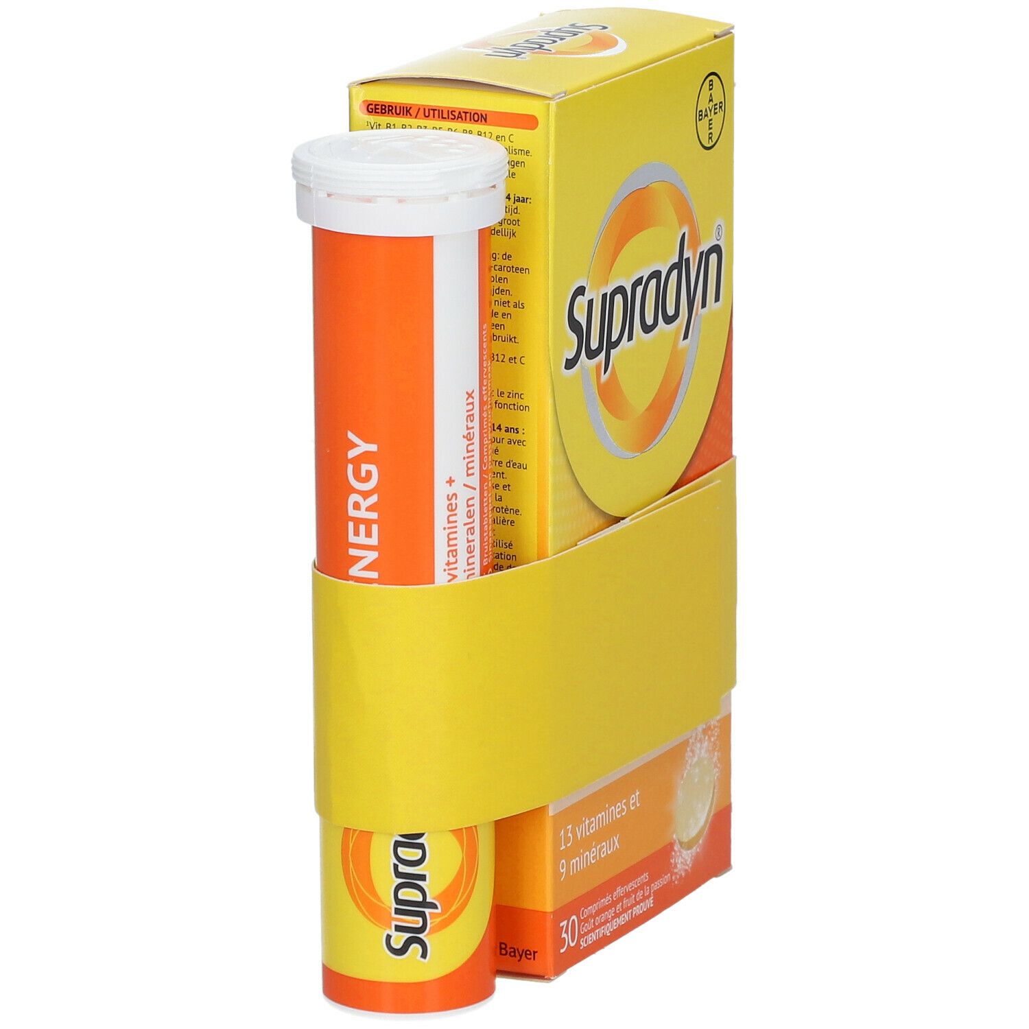 Gele verpakking met "Supradyn"-logo en tablettenkoker. Bevat 45 bruistabletten. Met 13 vitaminen en 9 mineralen.