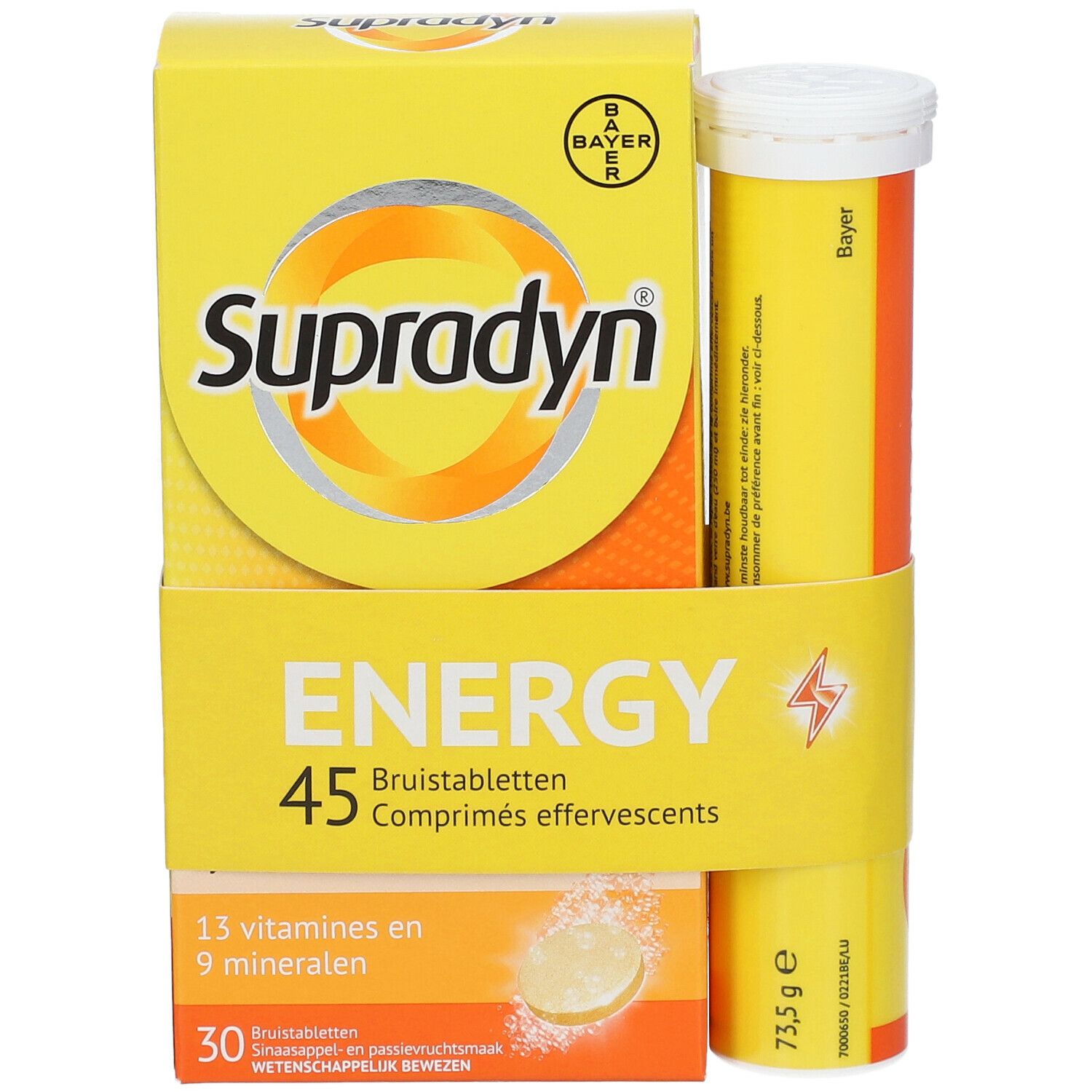 Gele verpakking met "Supradyn"-logo en tablettenkoker. Bevat 45 bruistabletten. Met 13 vitaminen en 9 mineralen.