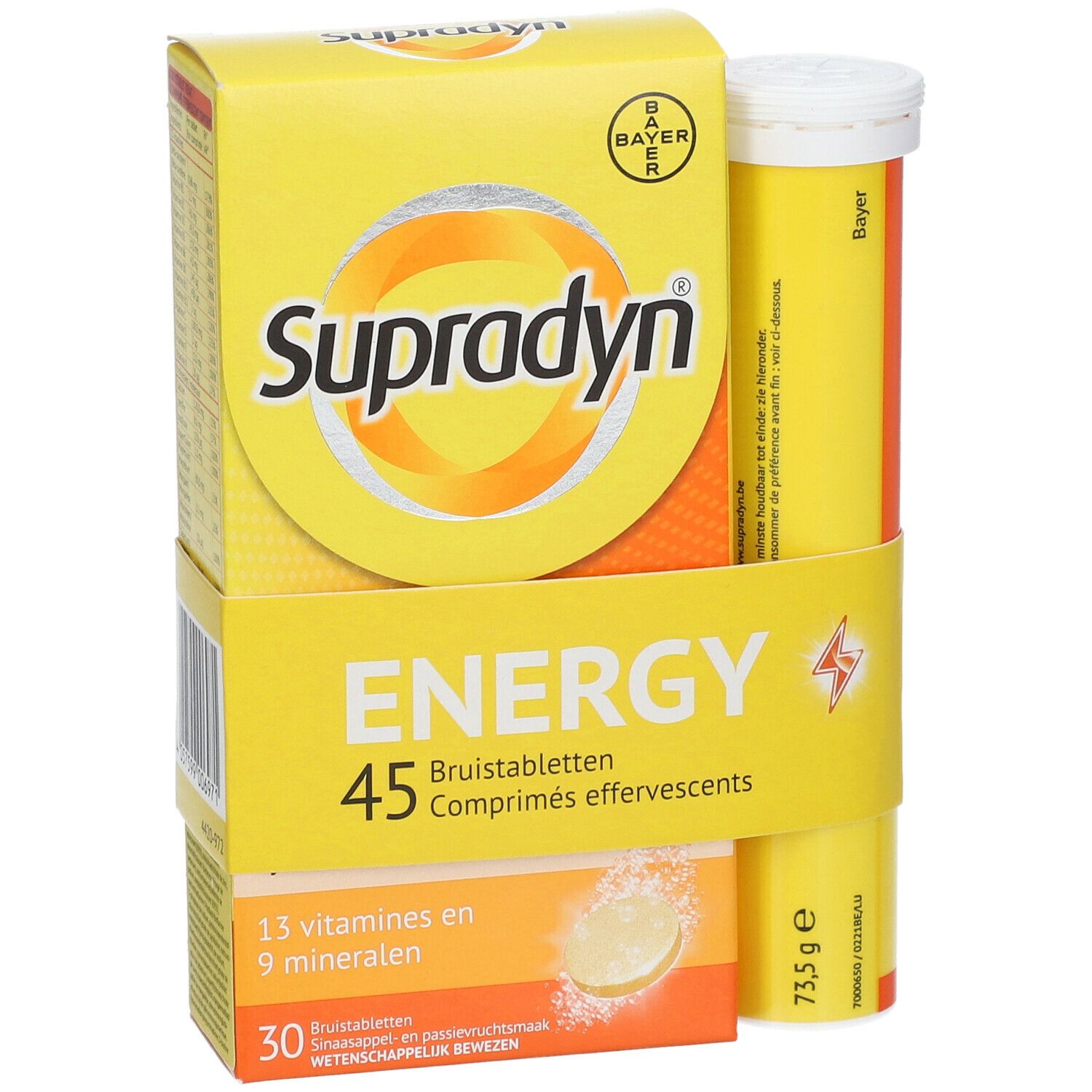 Gele verpakking met "Supradyn"-logo en tablettenkoker. Bevat 45 bruistabletten. Met 13 vitaminen en 9 mineralen.