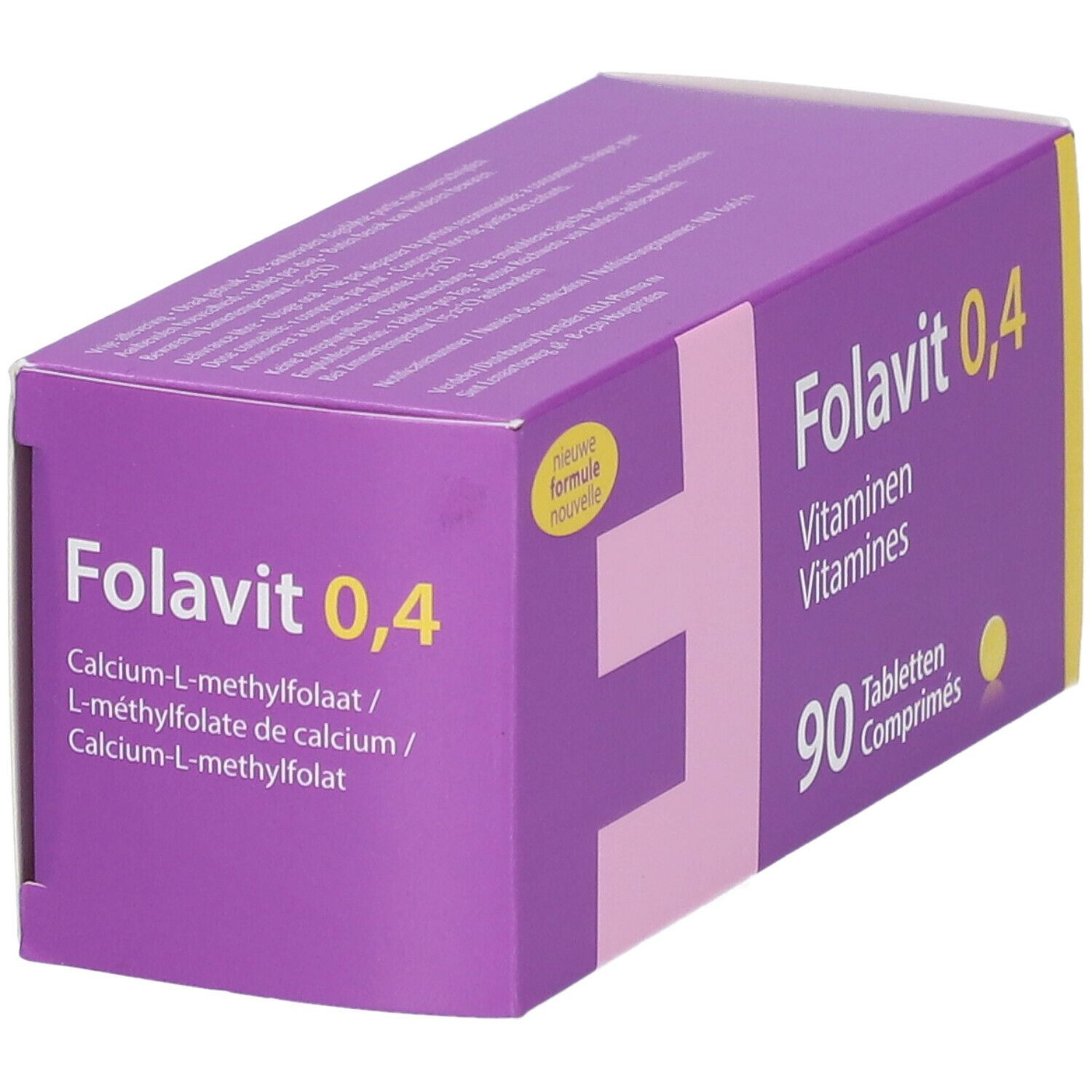 Boîte violette "Folavit 0,4". Contient 90 comprimés. Inscription: Vitaminen/Vitamines. Cercle jaune. Inscription: Calcium-L-methylfolate.