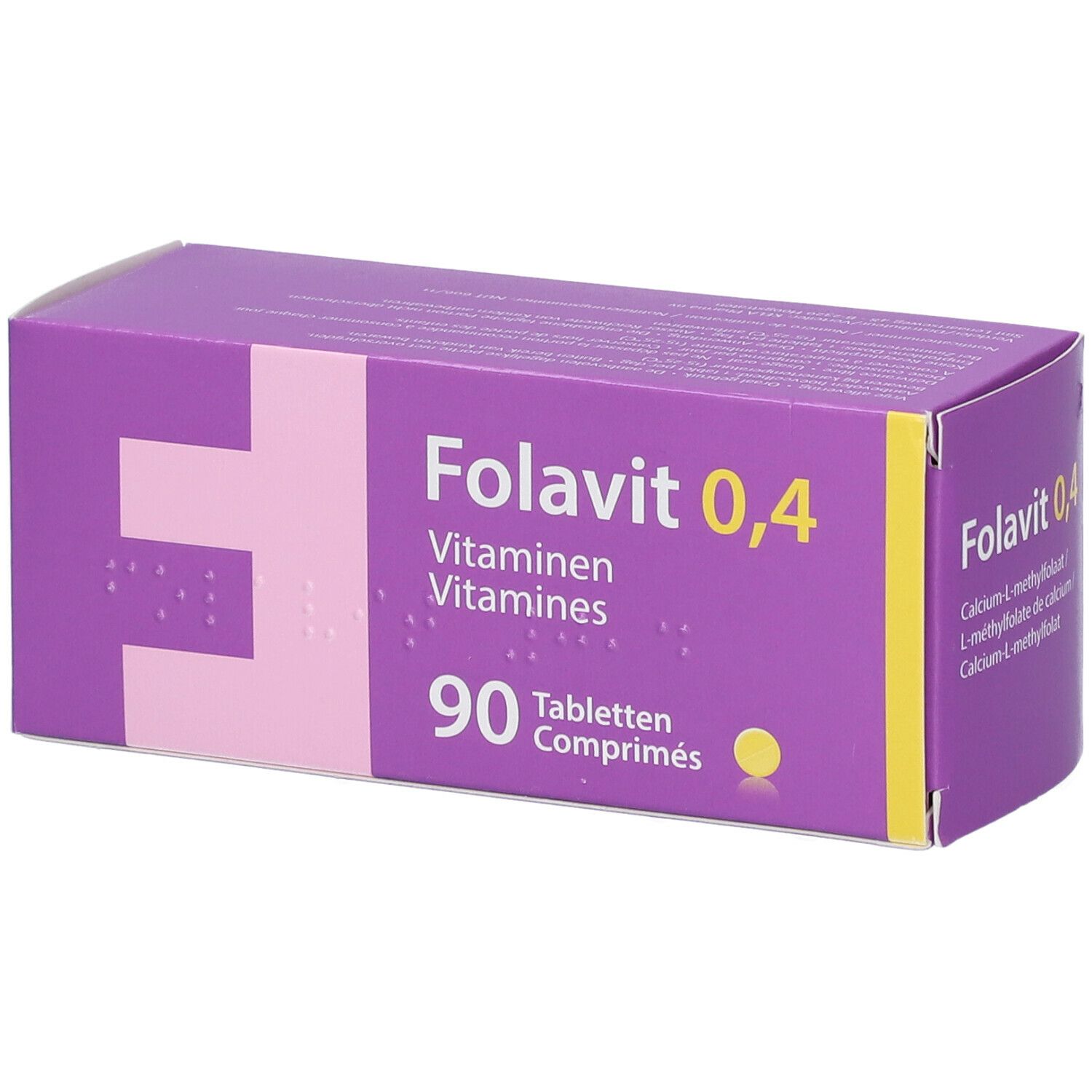 Boîte violette "Folavit 0,4". Contient 90 comprimés. Inscription: Vitaminen/Vitamines. Cercle jaune. Écriture braille.