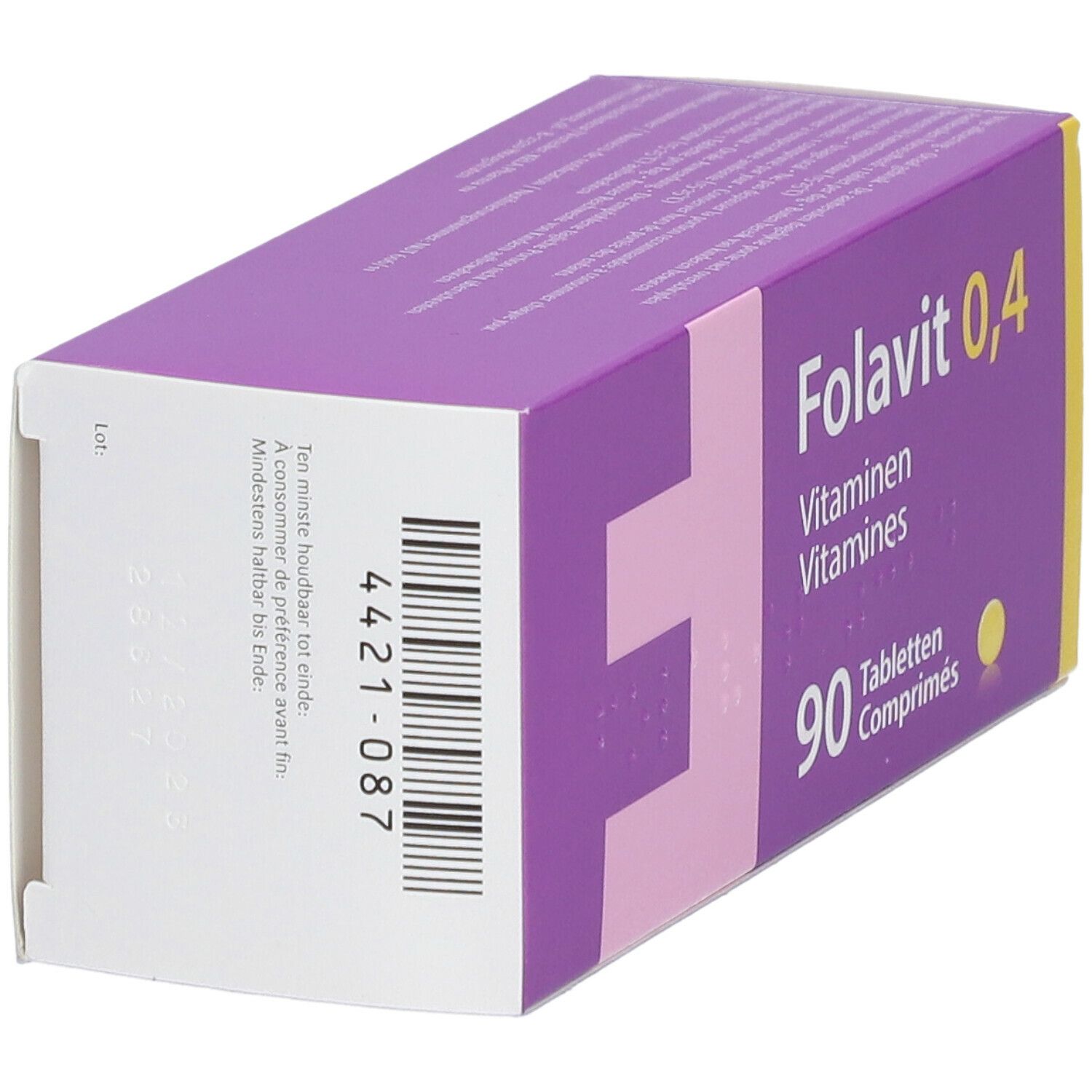 Boîte violette "Folavit 0,4". Contient 90 comprimés. Inscription: Vitaminen/Vitamines. Cercle jaune. Dos avec texte et code.