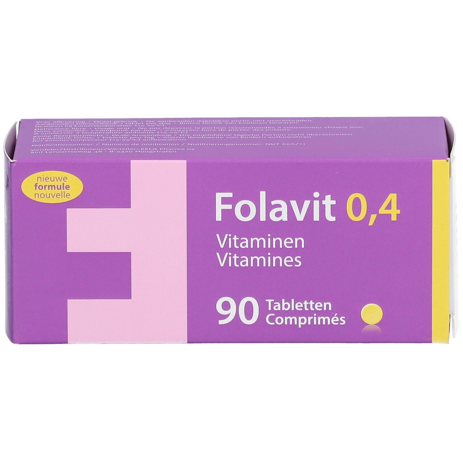 Boîte violette "Folavit 0,4". Contient 90 comprimés. Inscription: Vitaminen/Vitamines. Cercle jaune. Avec bande jaune.
