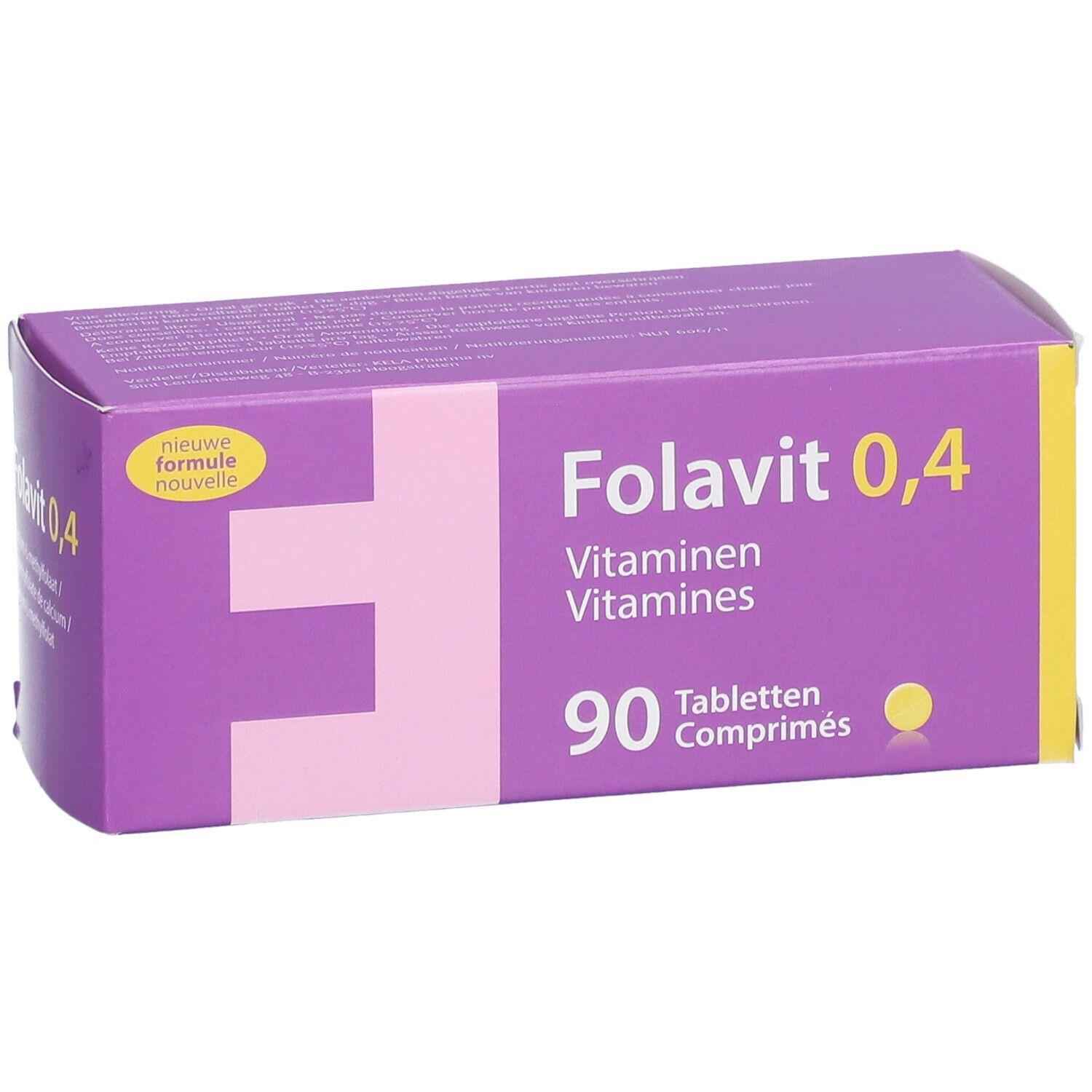 Boîte violette "Folavit 0,4". Contient 90 comprimés. Inscription: Vitaminen/Vitamines. Cercle jaune. Vue de dessus.