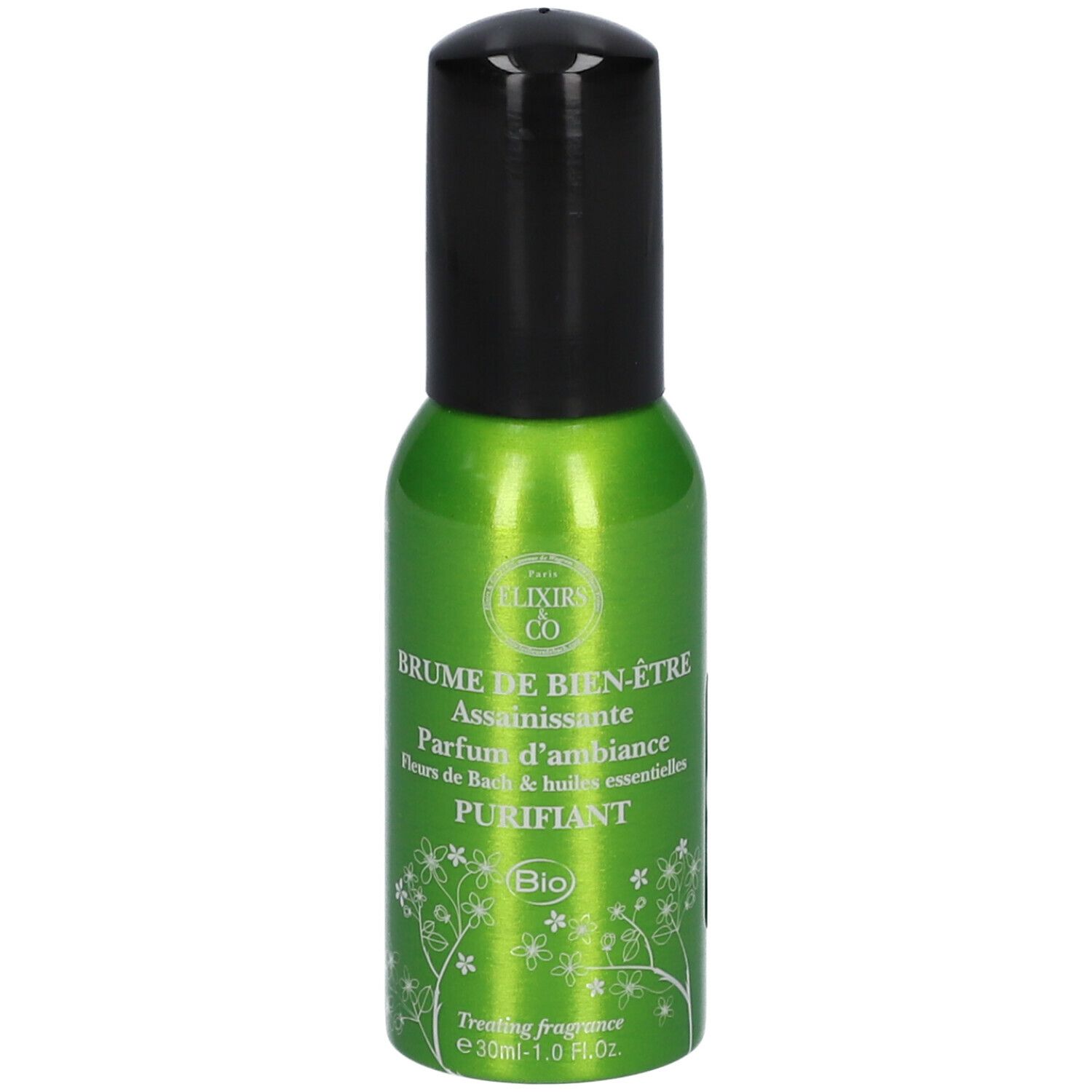 Groene spuitfles met zwarte dop. Opschrift: Elixirs & Co, Brume de bien-être, Purifiant. Bio-label.