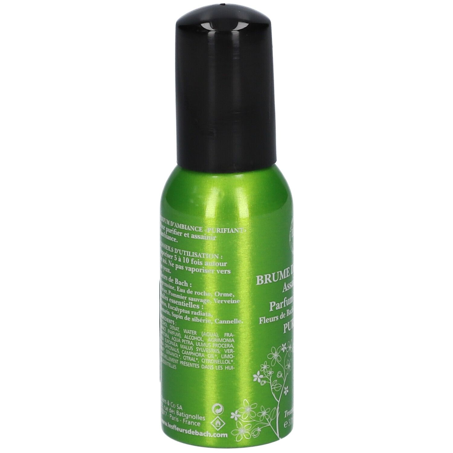 Groene spuitfles met zwarte dop. Opschrift: Elixirs & Co, Brume de bien-être, Purifiant. Tekst en pictogrammen.