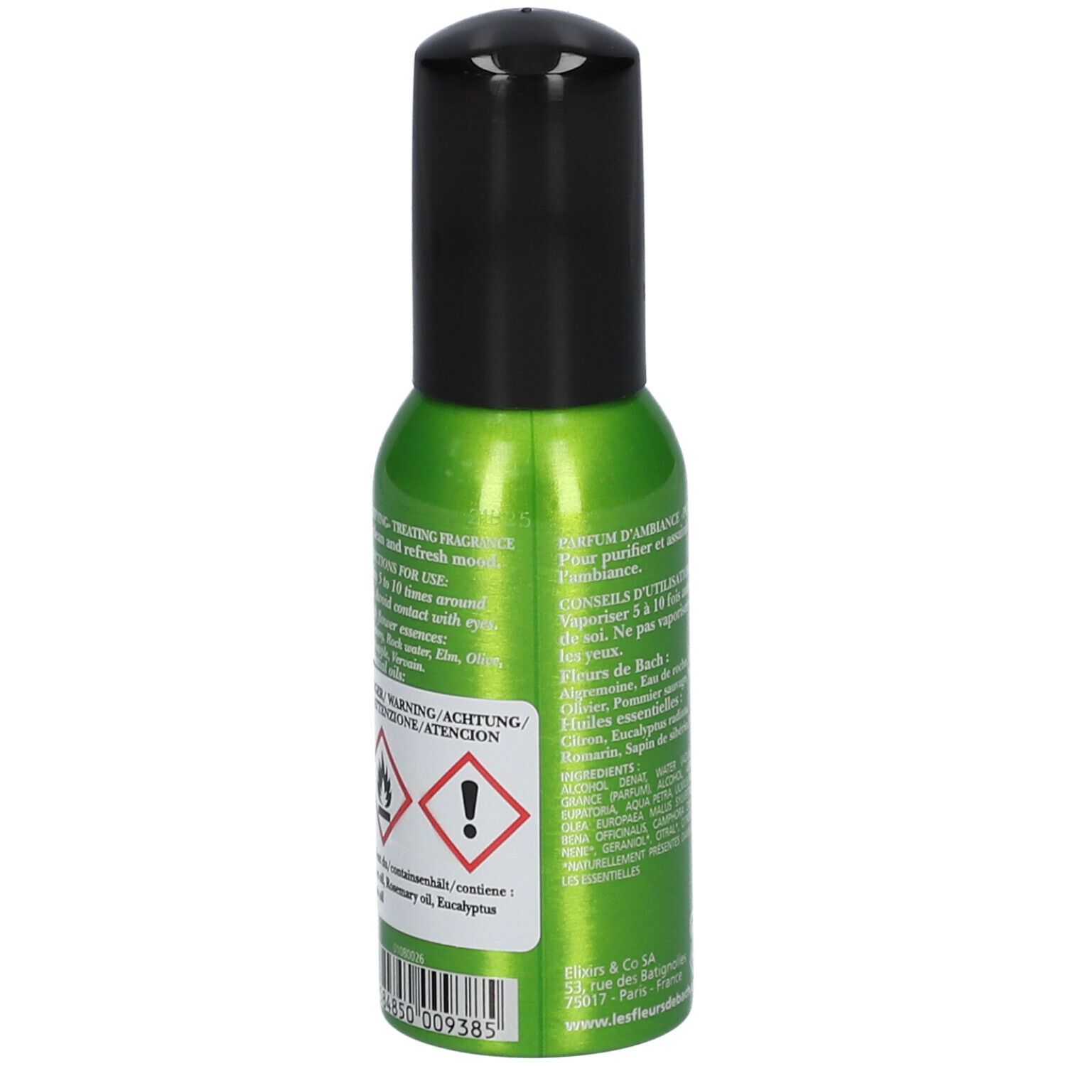 Groene spuitfles met zwarte dop. Opschrift: Elixirs & Co, Brume de bien-être, Purifiant. Tekst en pictogrammen.
