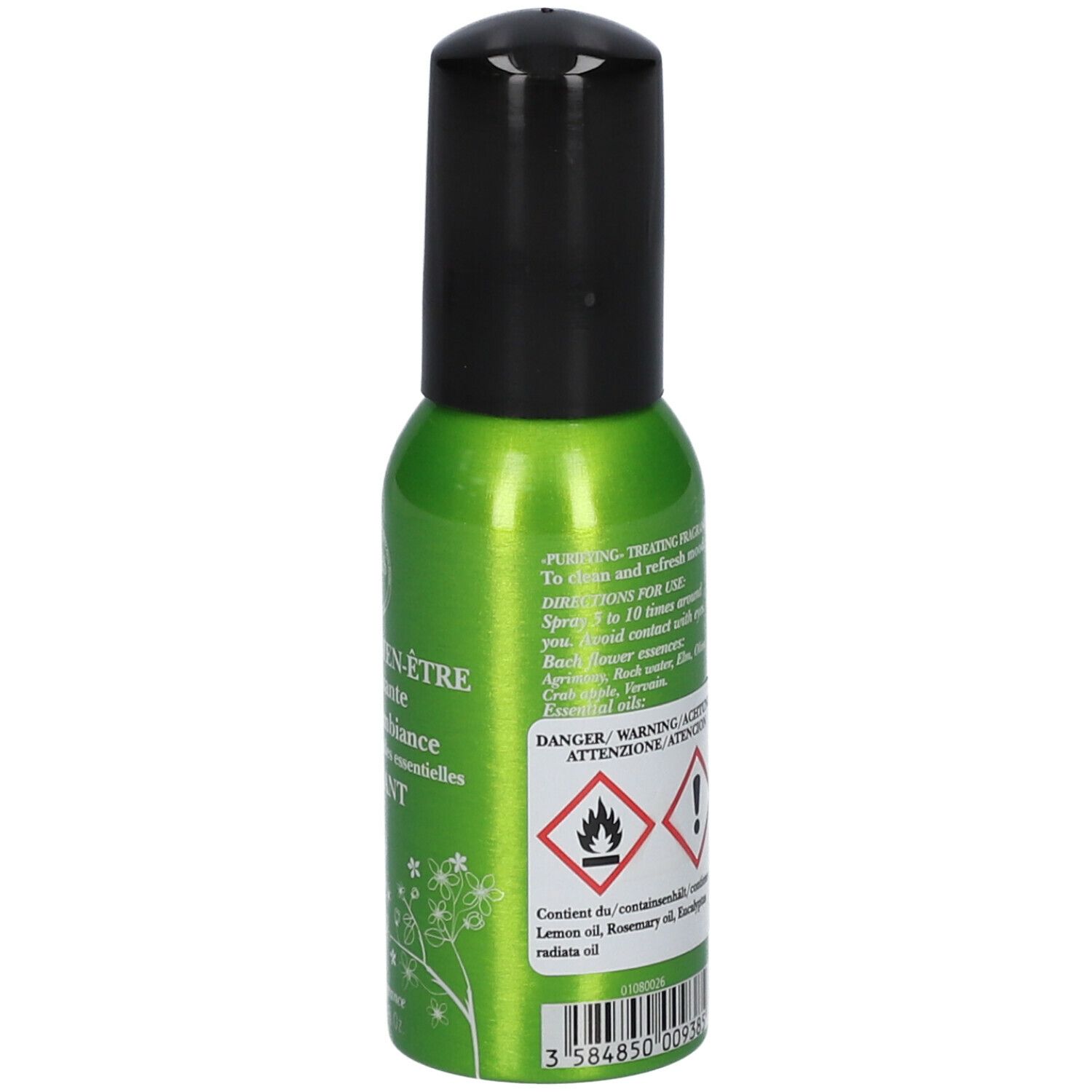 Groene spuitfles met zwarte dop. Opschrift: Elixirs & Co, Brume de bien-être, Purifiant. Tekst en pictogrammen.