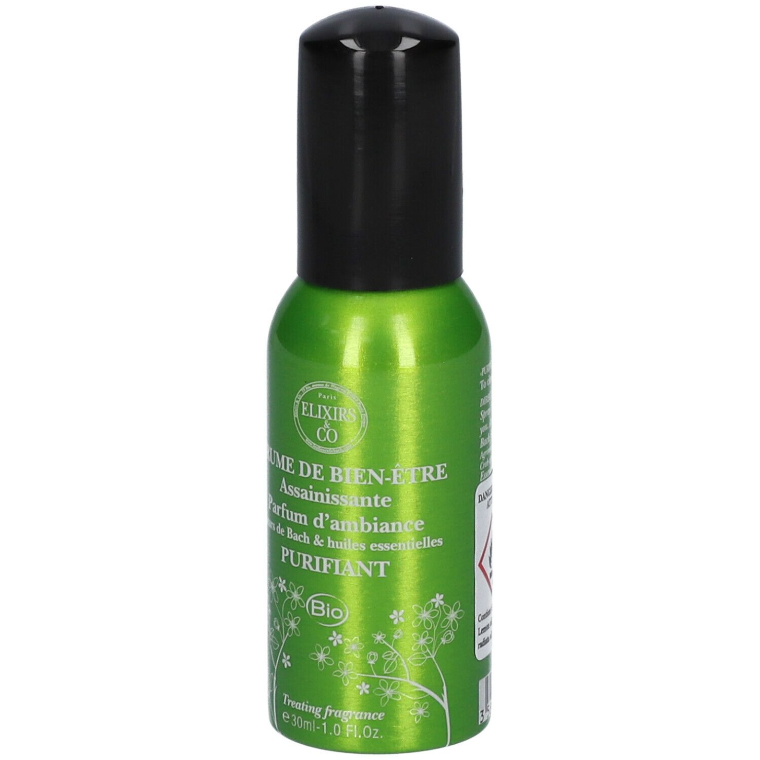 Groene spuitfles met zwarte dop. Opschrift: Elixirs & Co, Brume de bien-être, Purifiant. Tekst en pictogrammen.