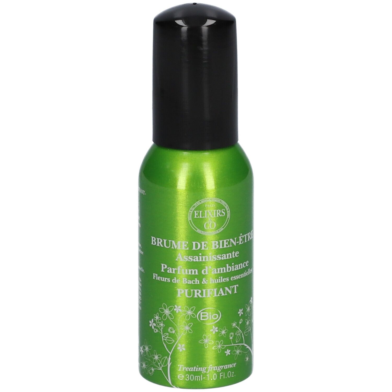 Groene spuitfles met zwarte dop. Opschrift: Elixirs & Co, Brume de bien-être, Purifiant. Tekst en pictogrammen.