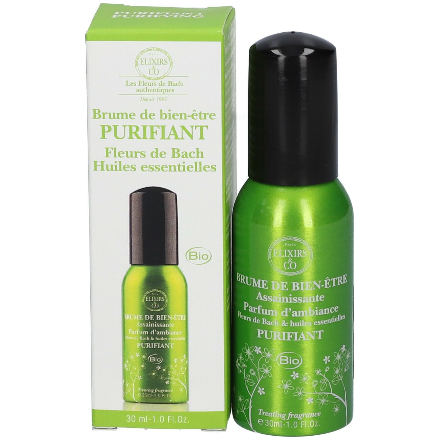 Groene spuitfles met zwarte dop en verpakking. Opschrift: Elixirs & Co, Brume de bien-être, Purifiant. Bio-label.