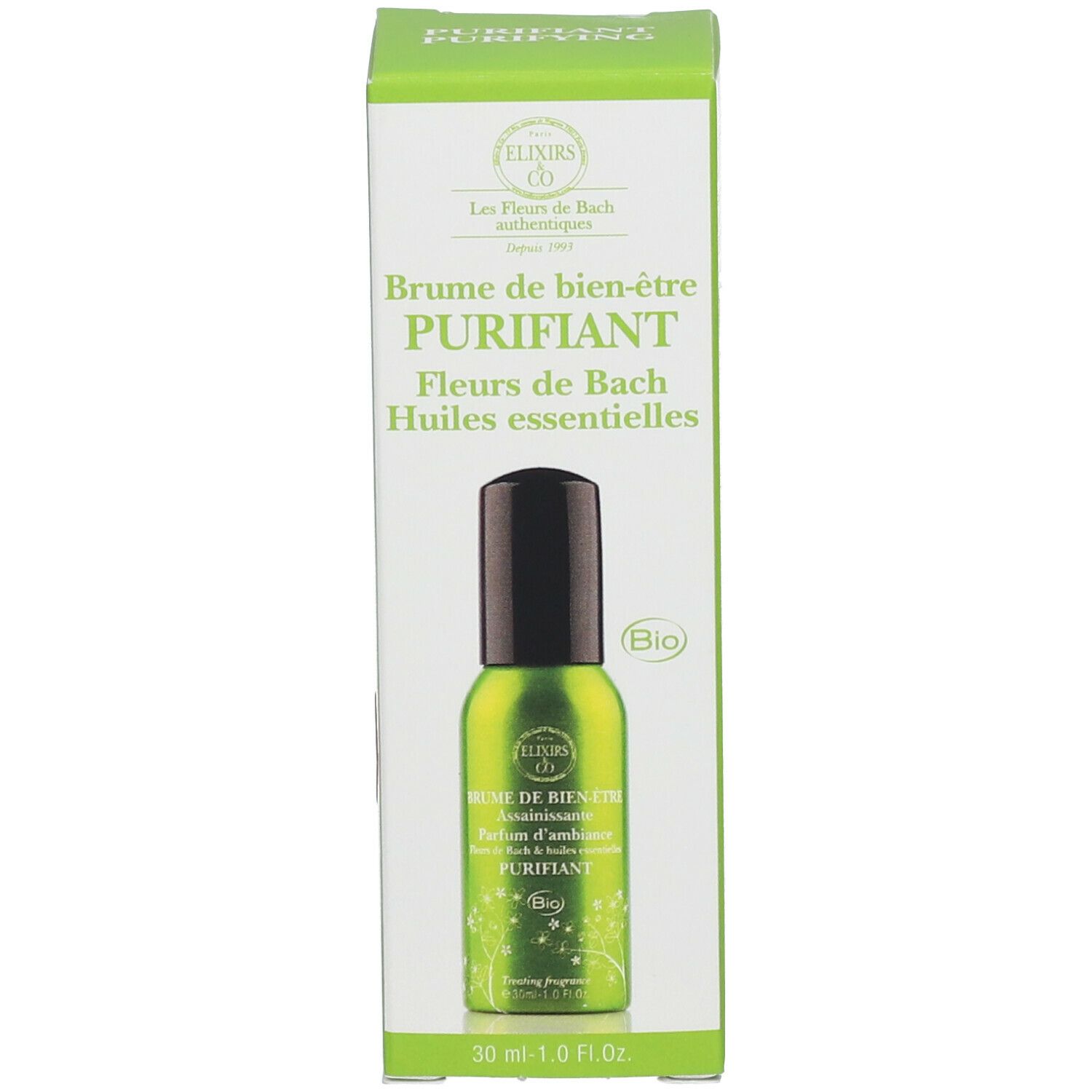 Groene spuitfles met zwarte dop en verpakking. Opschrift: Elixirs & Co, Brume de bien-être, Purifiant. Bio-label.