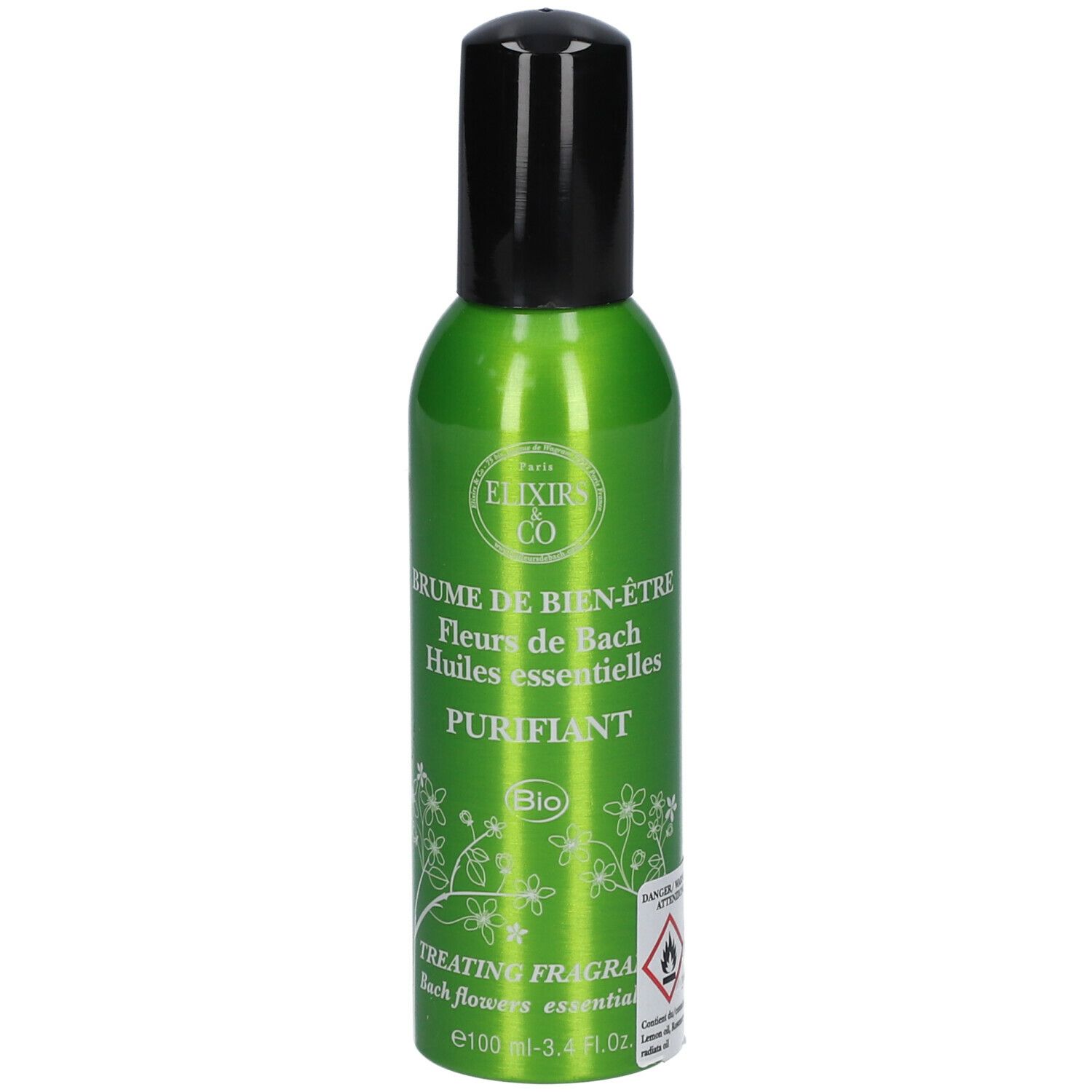 Flacon spray vert avec bouchon noir. Inscription : Elixirs & Co, Brume de bien-être, Purifiant. Label Bio.