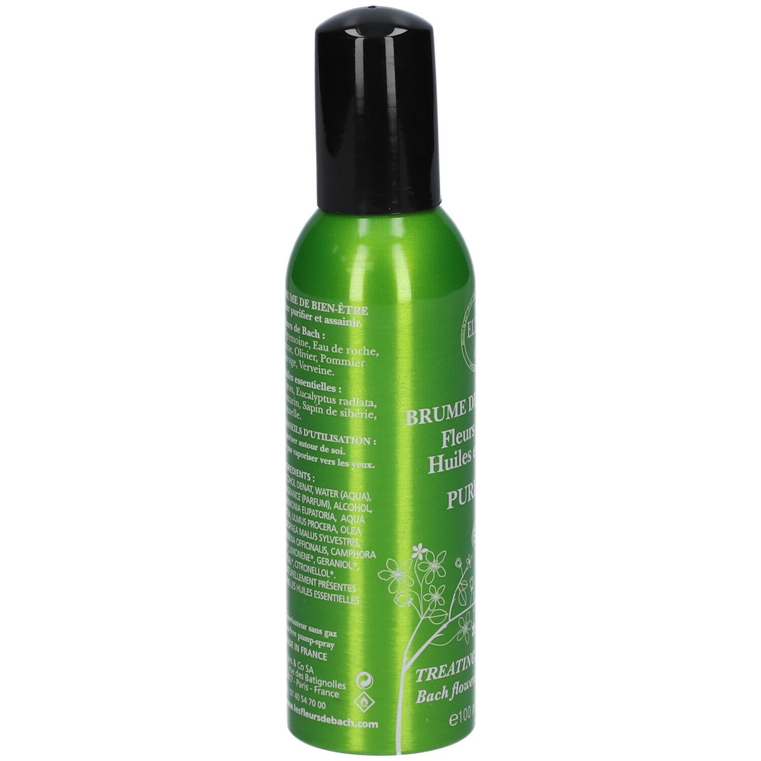 Flacon spray vert avec bouchon noir. Inscription : Elixirs & Co, Brume de bien-être, Purifiant. Ingrédients.