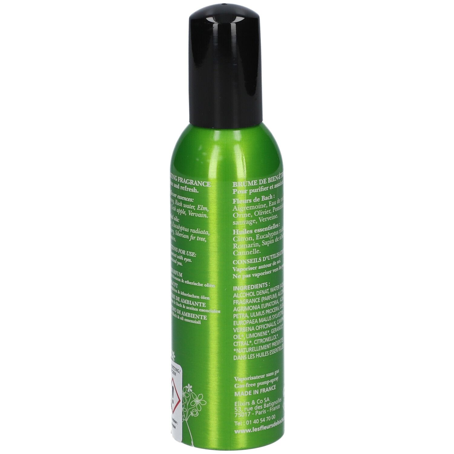 Flacon spray vert avec bouchon noir. Inscription : Elixirs & Co, Brume de bien-être, Purifiant. Mode d'emploi.