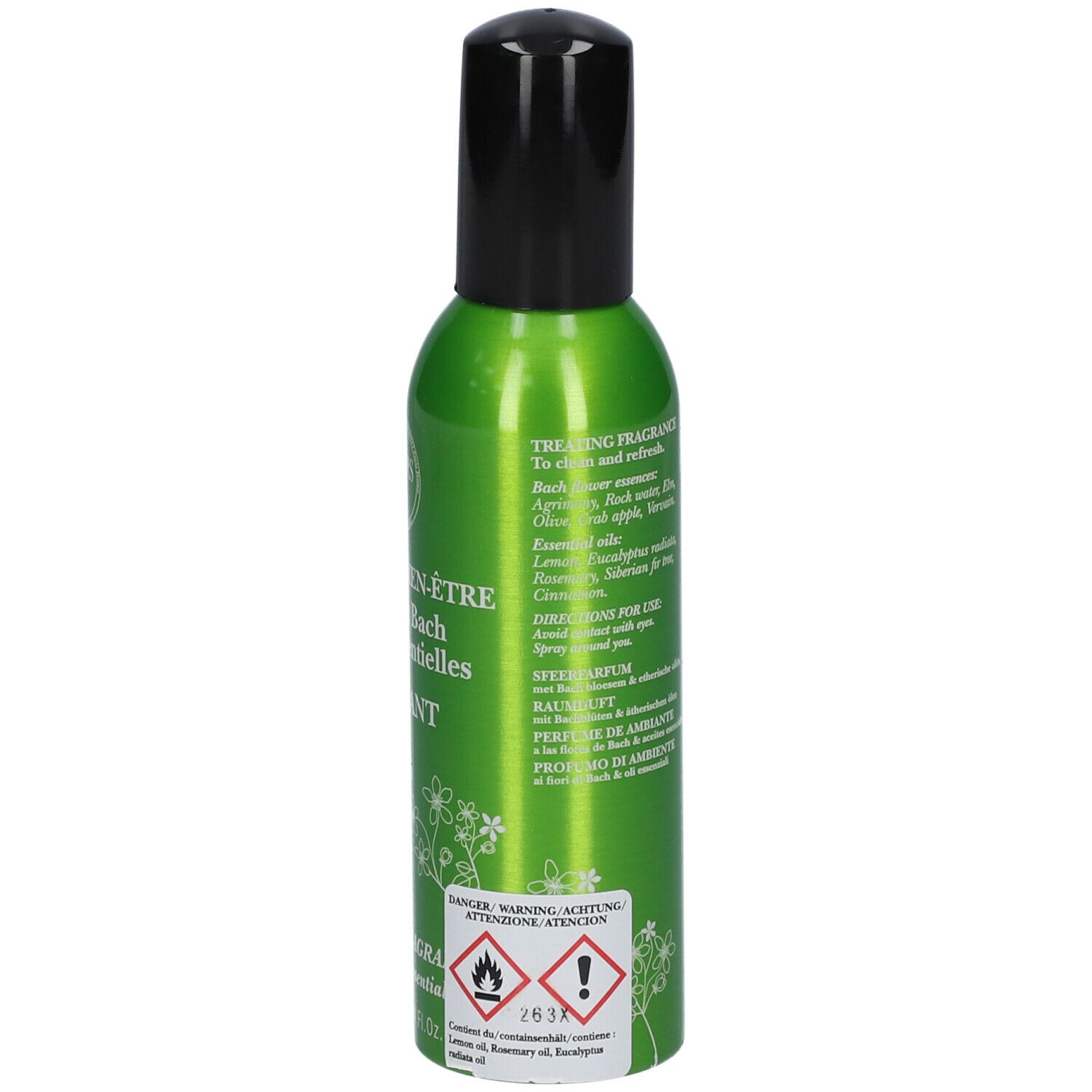 Flacon spray vert avec bouchon noir. Inscription : Elixirs & Co, Brume de bien-être, Purifiant. Avertissements.