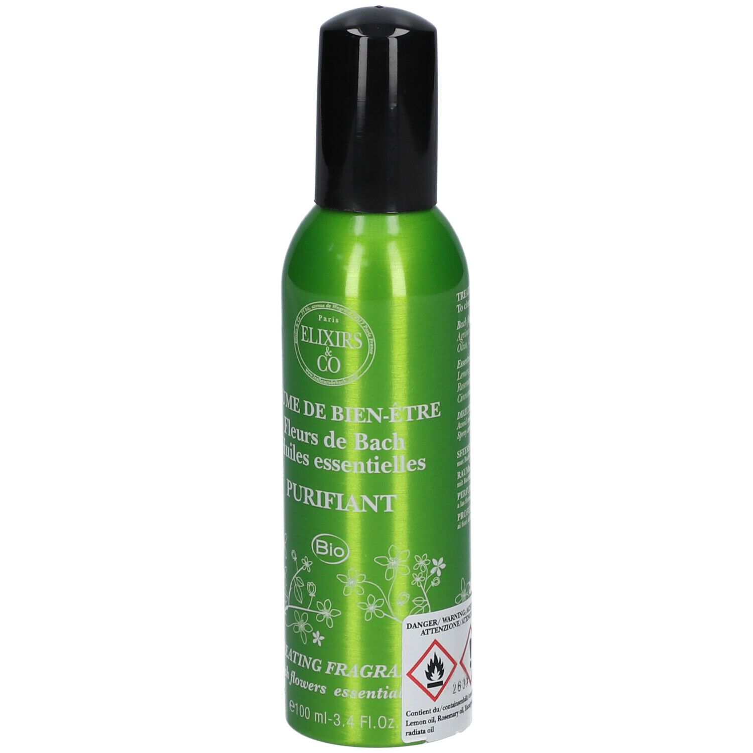 Flacon spray vert avec bouchon noir. Inscription : Elixirs & Co, Brume de bien-être, Purifiant. Label Bio.