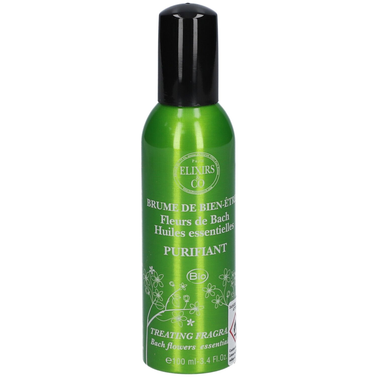 Flacon spray vert avec bouchon noir. Inscription : Elixirs & Co, Brume de bien-être, Purifiant.