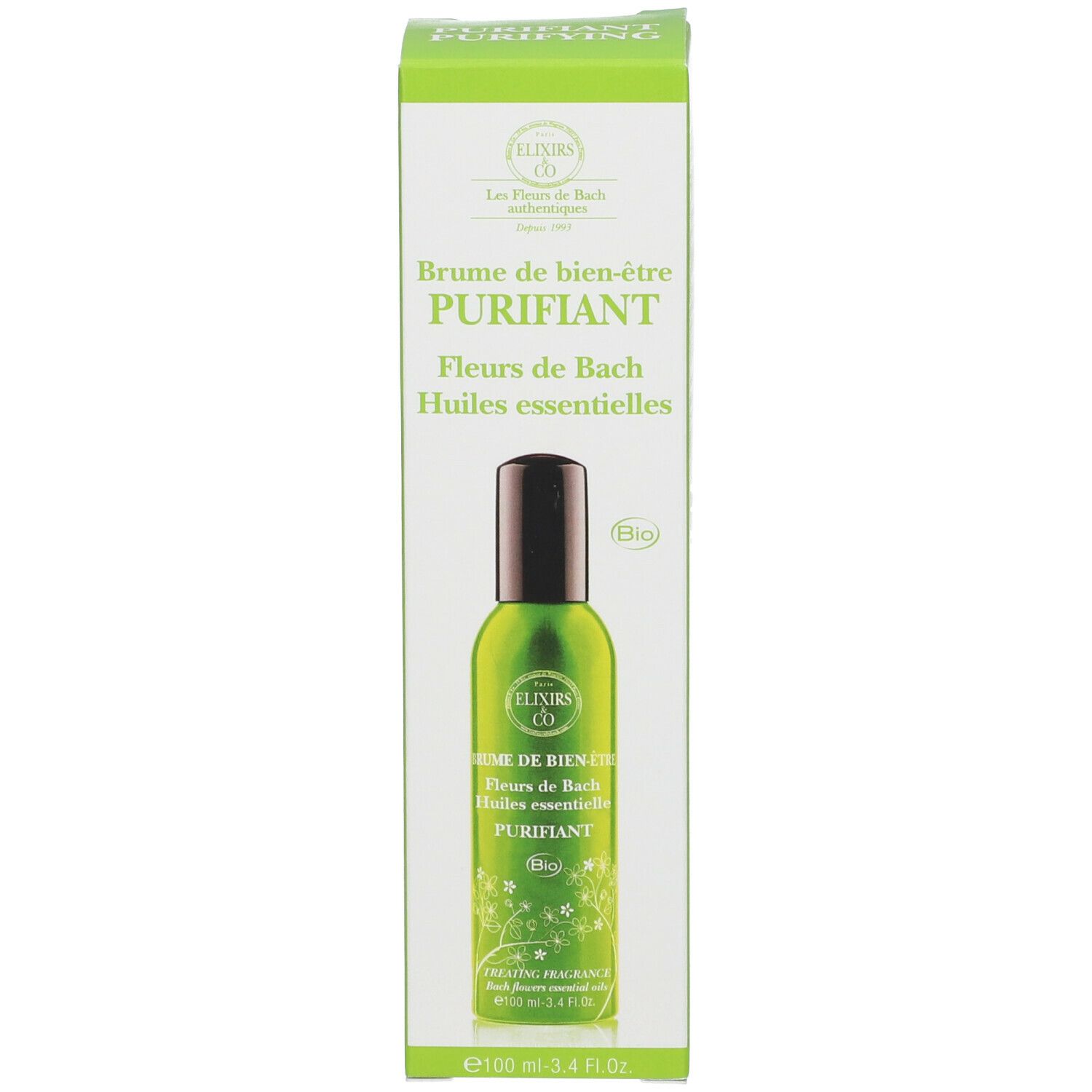Emballage blanc avec flacon spray vert et bouchon noir. Inscription : Elixirs & Co, Brume de bien-être, Purifiant.