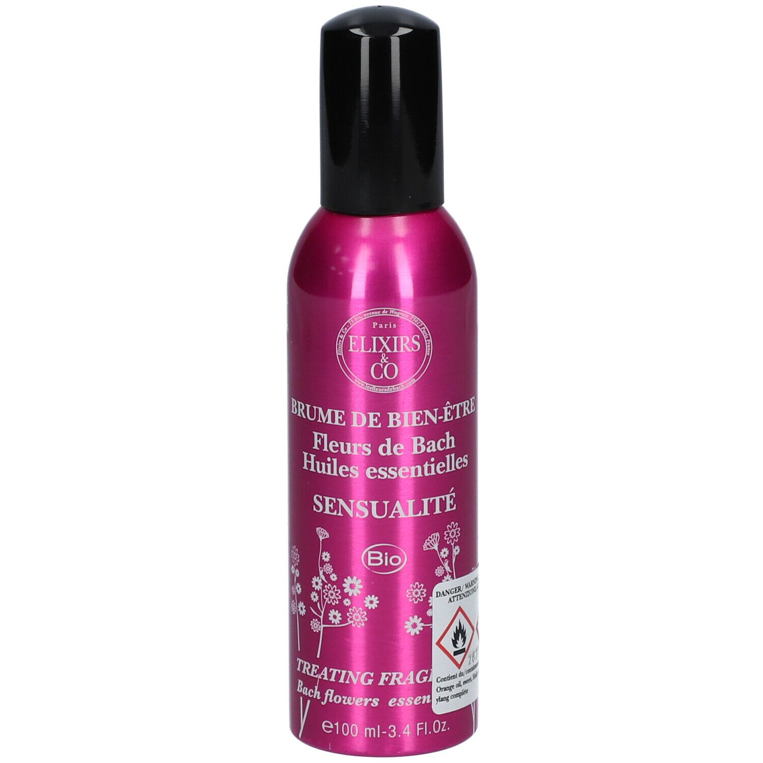 Roze fles met zwarte sproeikop. Opschrift: Elixirs & Co, SENSUALITY, Bio. Waarschuwing.