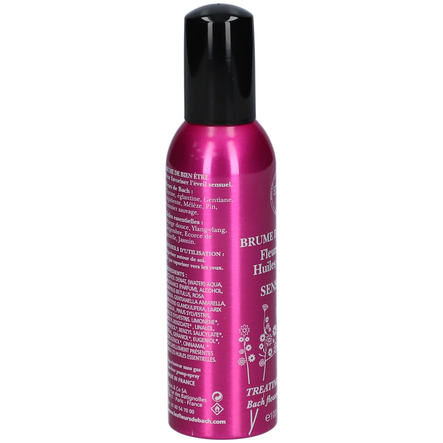 Roze fles met zwarte sproeikop. Opschrift: Elixirs & Co, SENSUALITY, Bio. Ingrediëntenlijst.