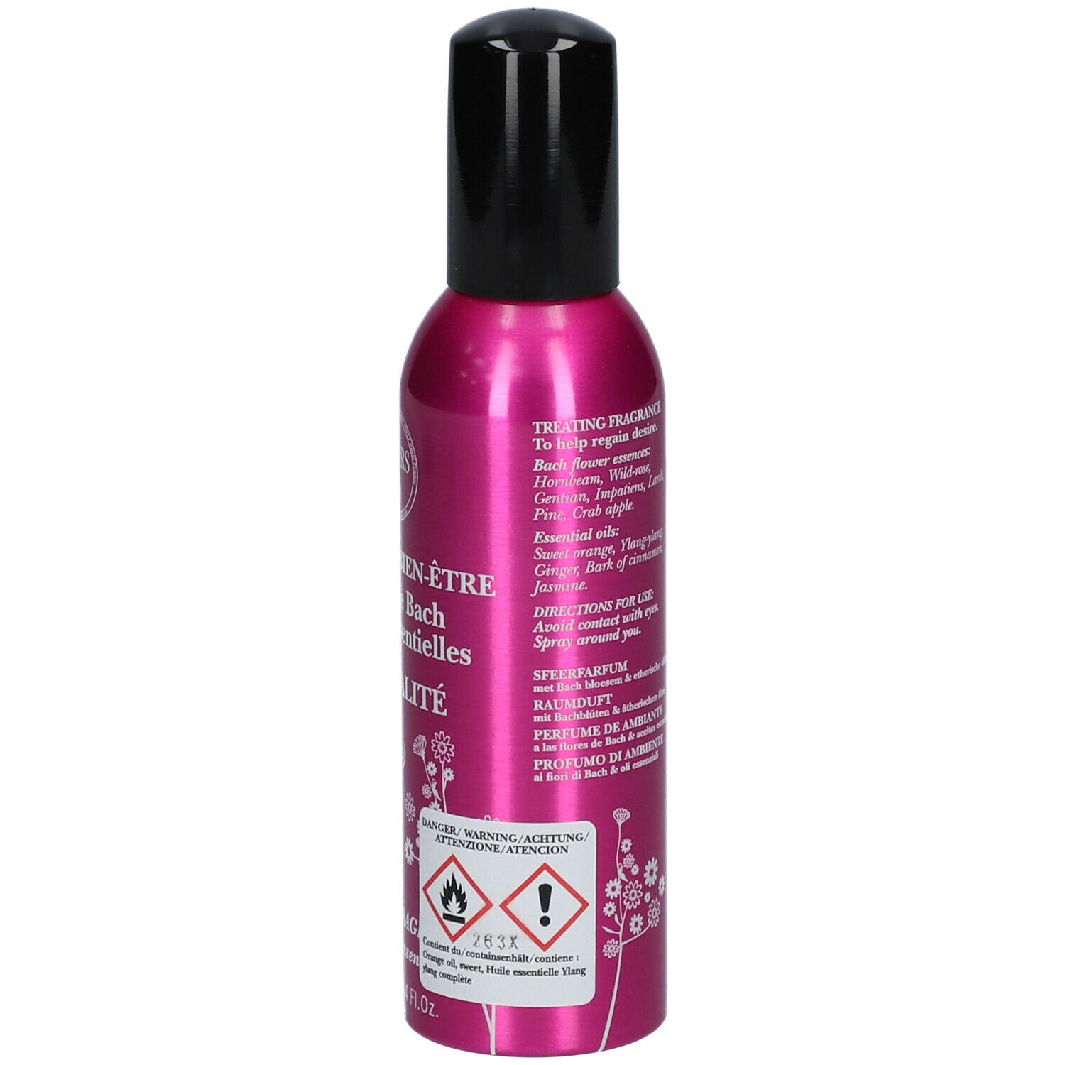 Roze fles met zwarte sproeikop. Opschrift: Elixirs & Co, SENSUALITY, Bio. Waarschuwing.