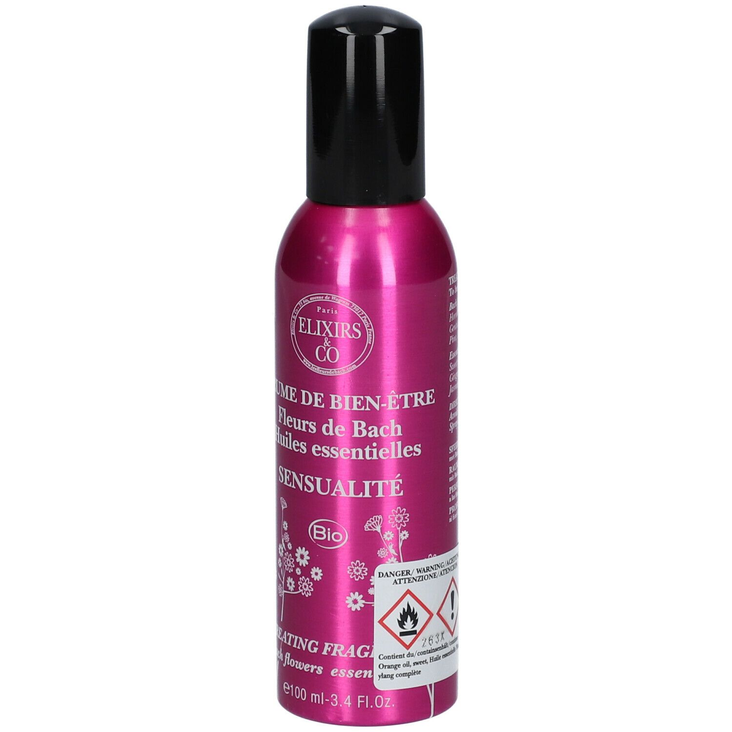 Roze fles met zwarte sproeikop. Opschrift: Elixirs & Co, SENSUALITY, Bio. Waarschuwing.