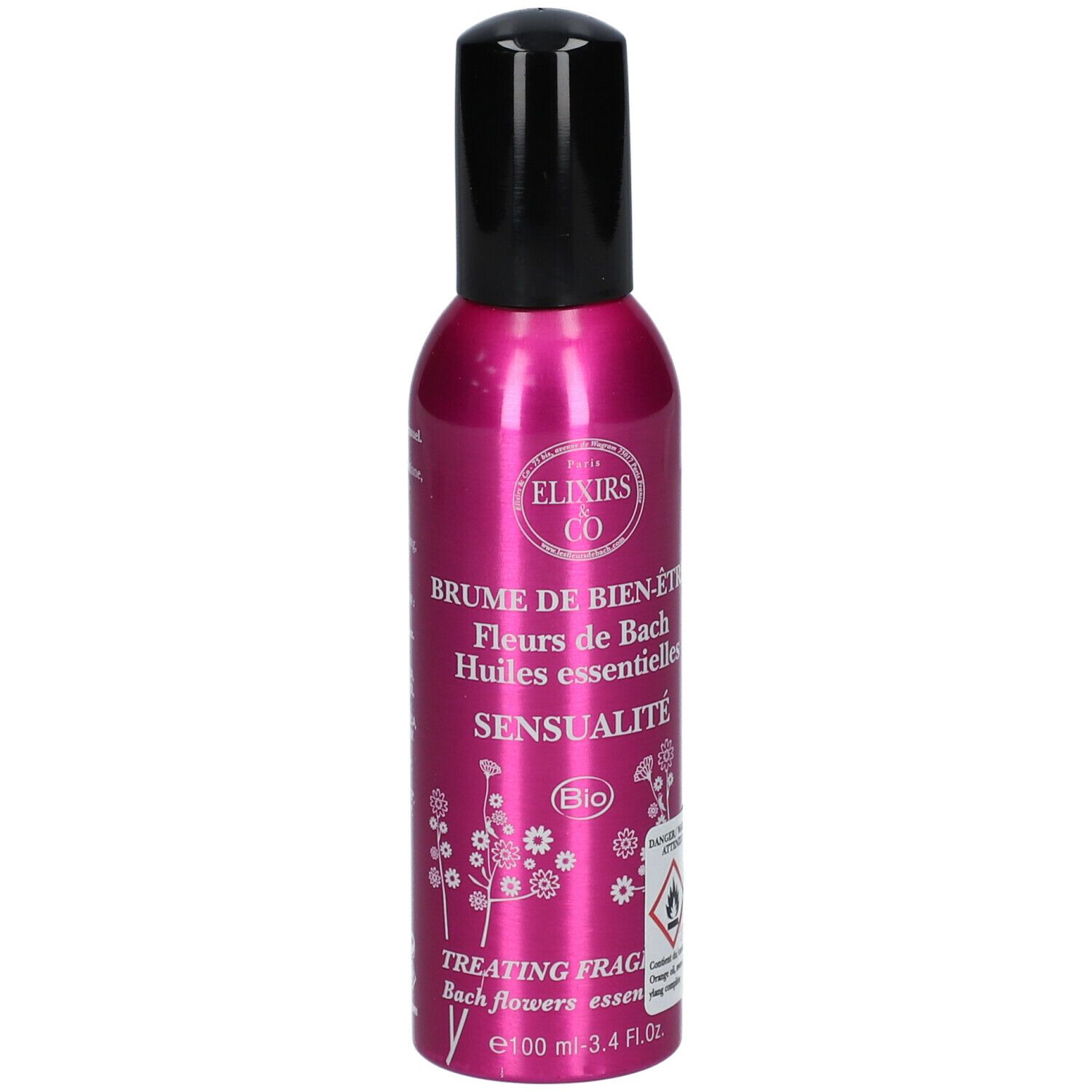 Roze fles met zwarte sproeikop. Opschrift: Elixirs & Co, SENSUALITY, Bio. Waarschuwing.