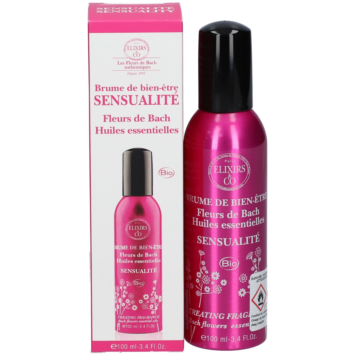 Roze fles met zwarte sproeikop. Opschrift: Elixirs & Co, SENSUALITY, Bio. Met verpakking.