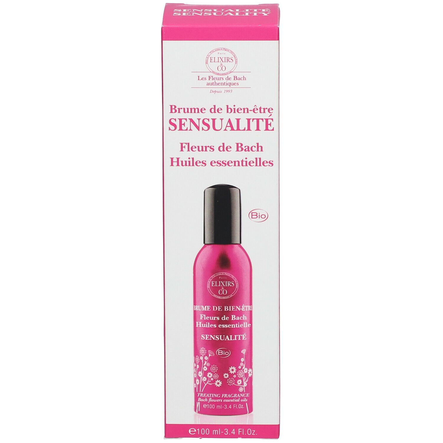 Roze fles met zwarte sproeikop. Opschrift: Elixirs & Co, SENSUALITY, Bio. Met verpakking.