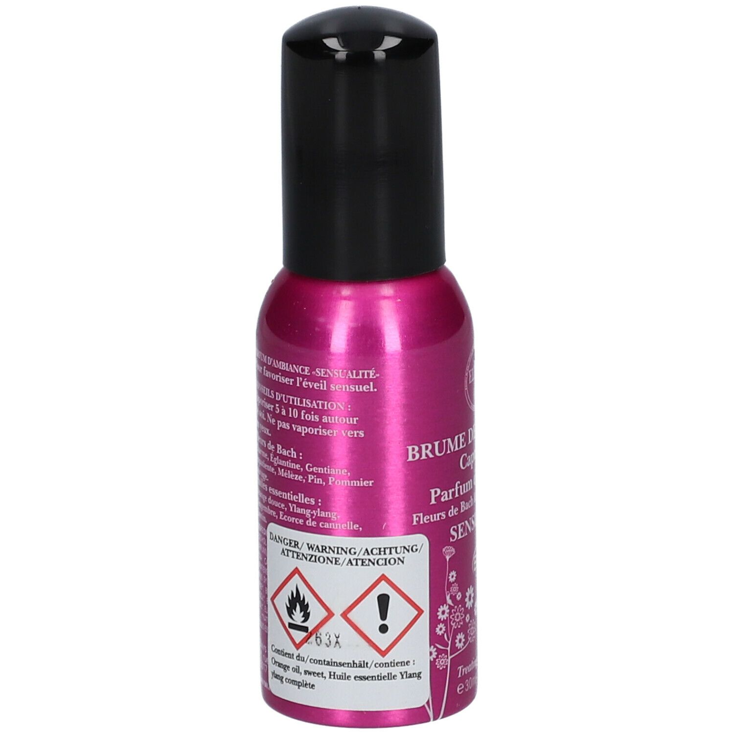 Flacon rose avec bouchon noir. Inscription : Brume de bien-être SENSUALITY. Avertissements.