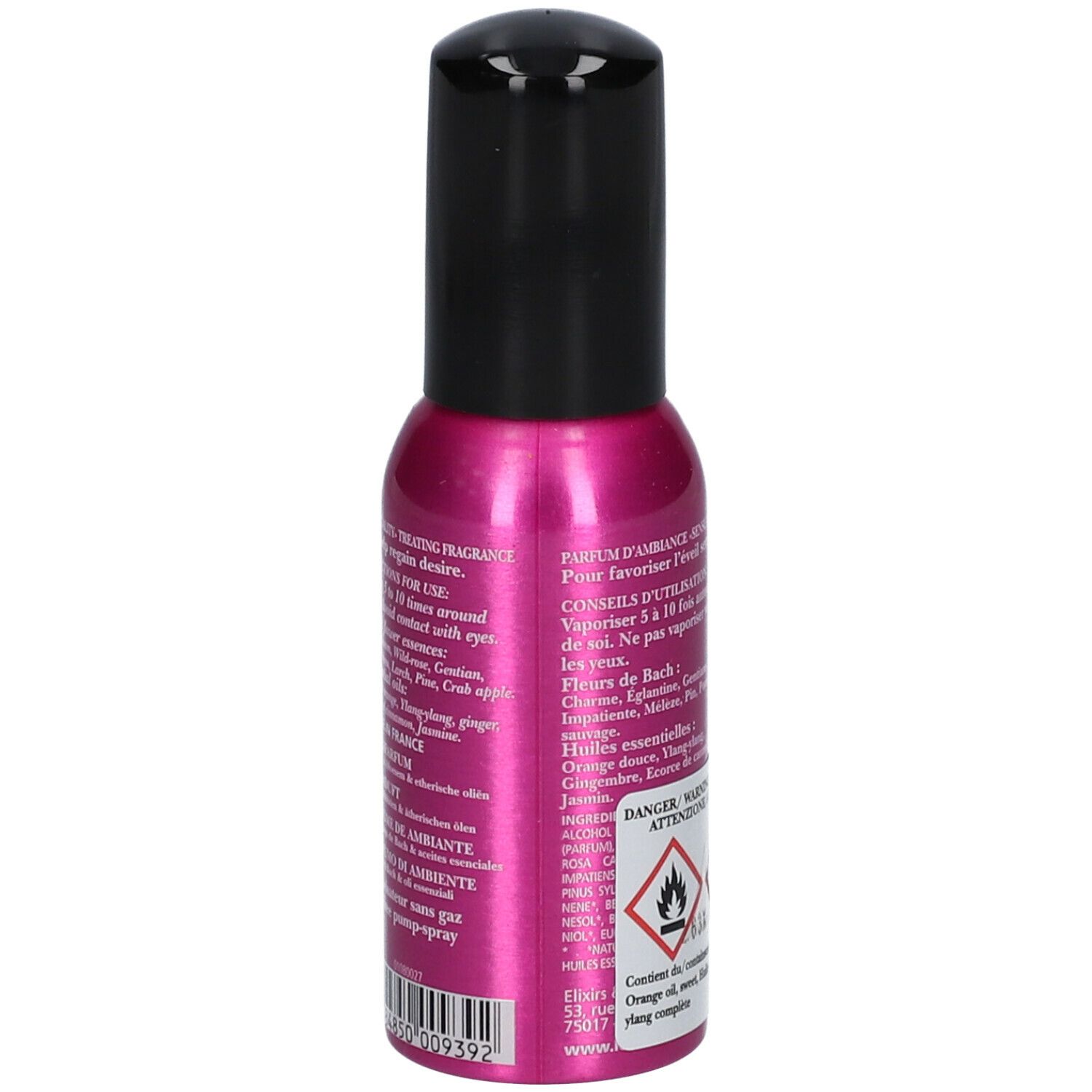 Flacon rose avec bouchon noir. Inscription : Brume de bien-être SENSUALITY. Conseils d'utilisation.