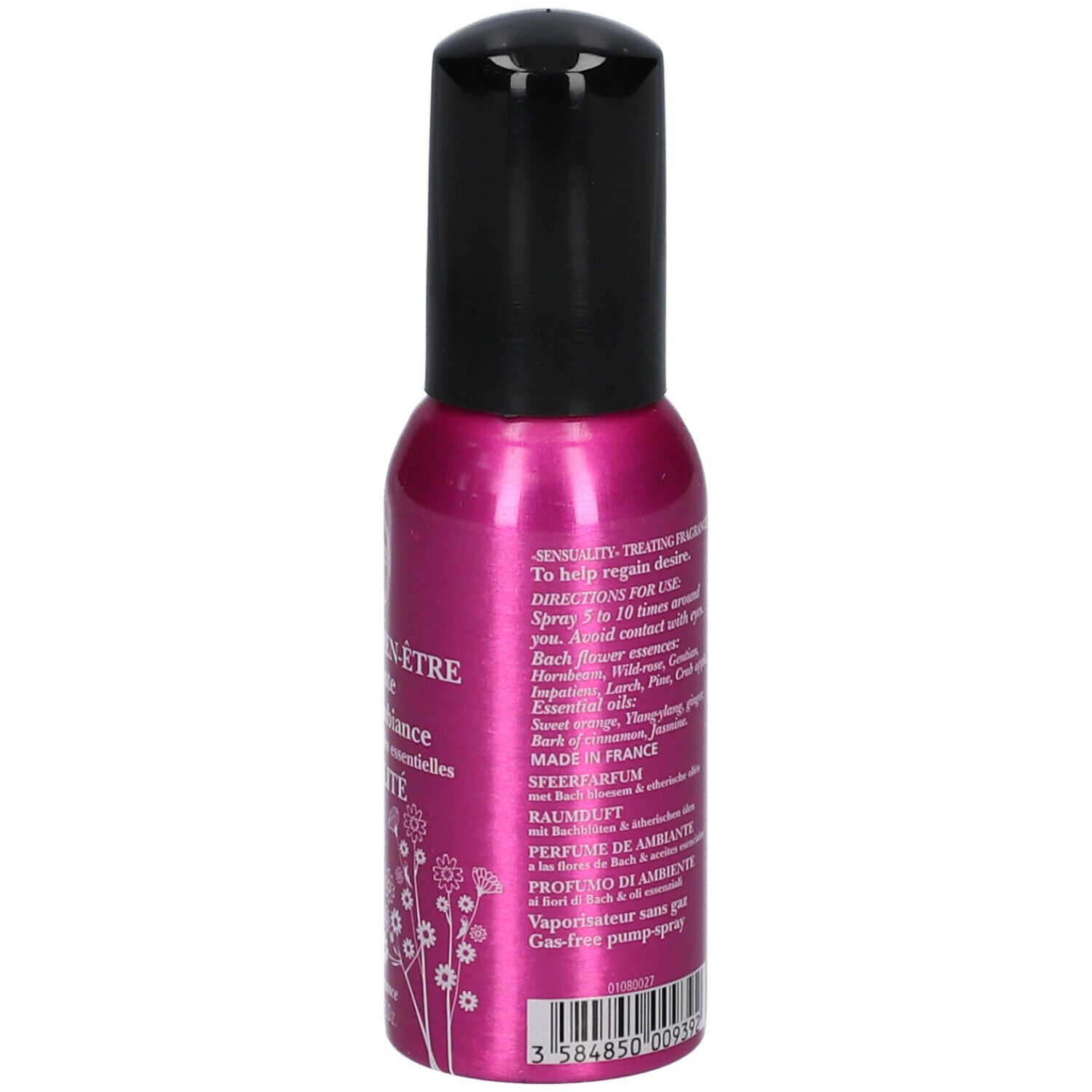 Flacon rose avec bouchon noir. Inscription : Brume de bien-être SENSUALITY. Ingrédients.