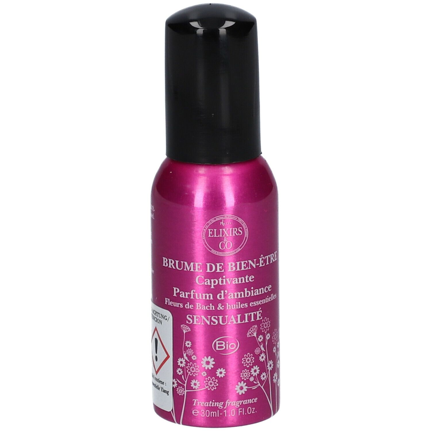 Flacon rose avec bouchon noir. Inscription : Brume de bien-être SENSUALITY. Label Bio.
