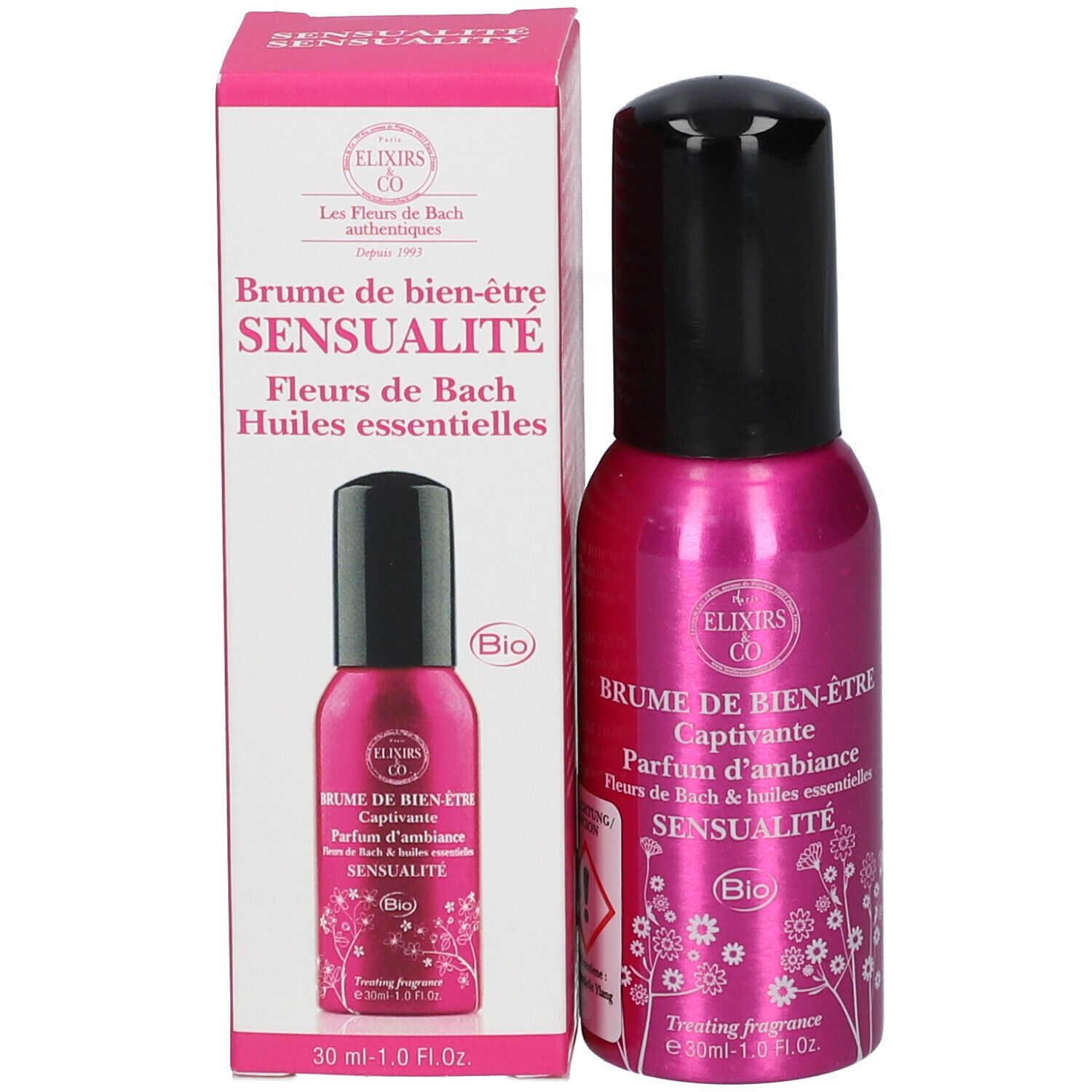 Flacon rose avec bouchon noir. Inscription : Brume de bien-être SENSUALITY. Label Bio.