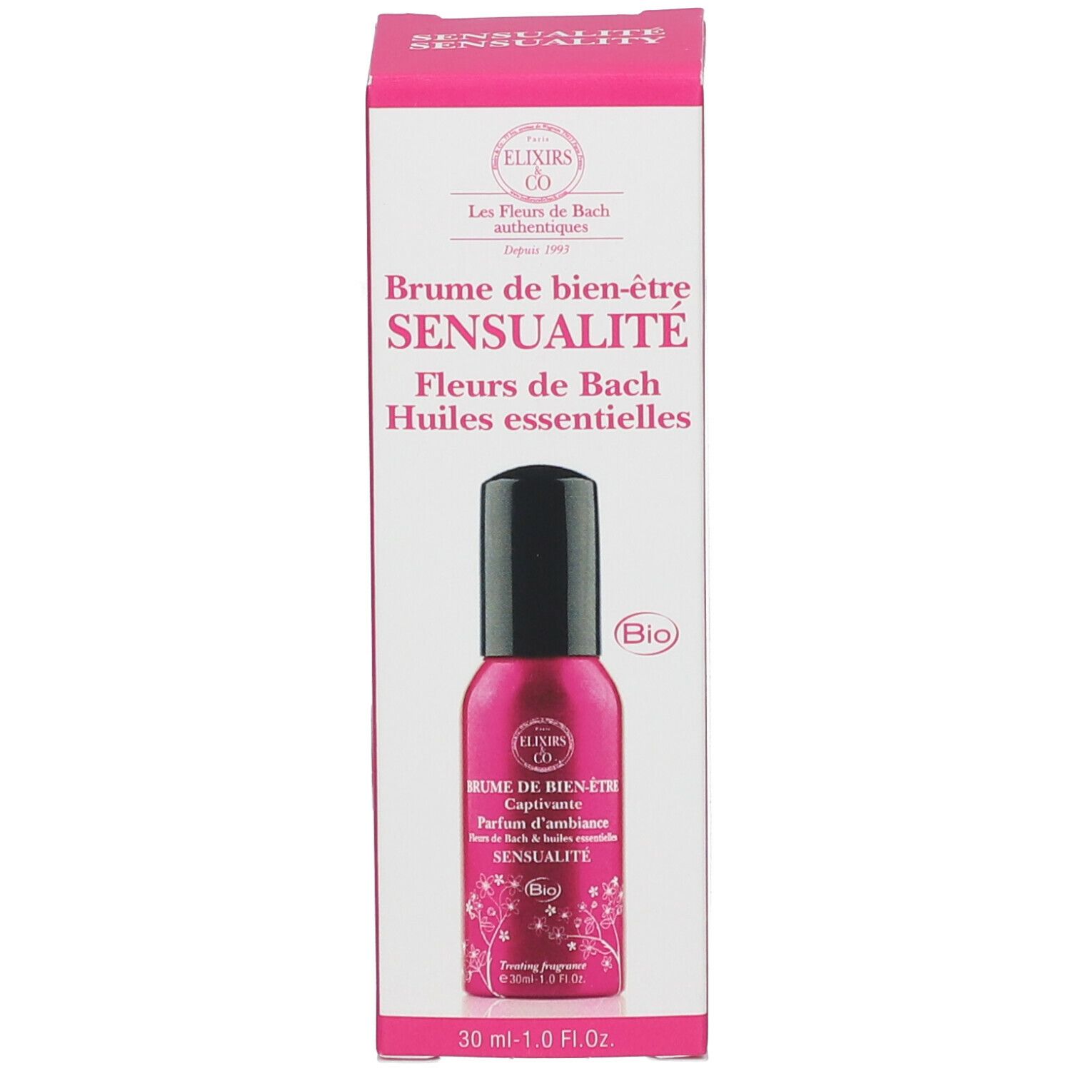 Flacon rose avec bouchon noir. Inscription : Brume de bien-être SENSUALITY. Avec emballage.