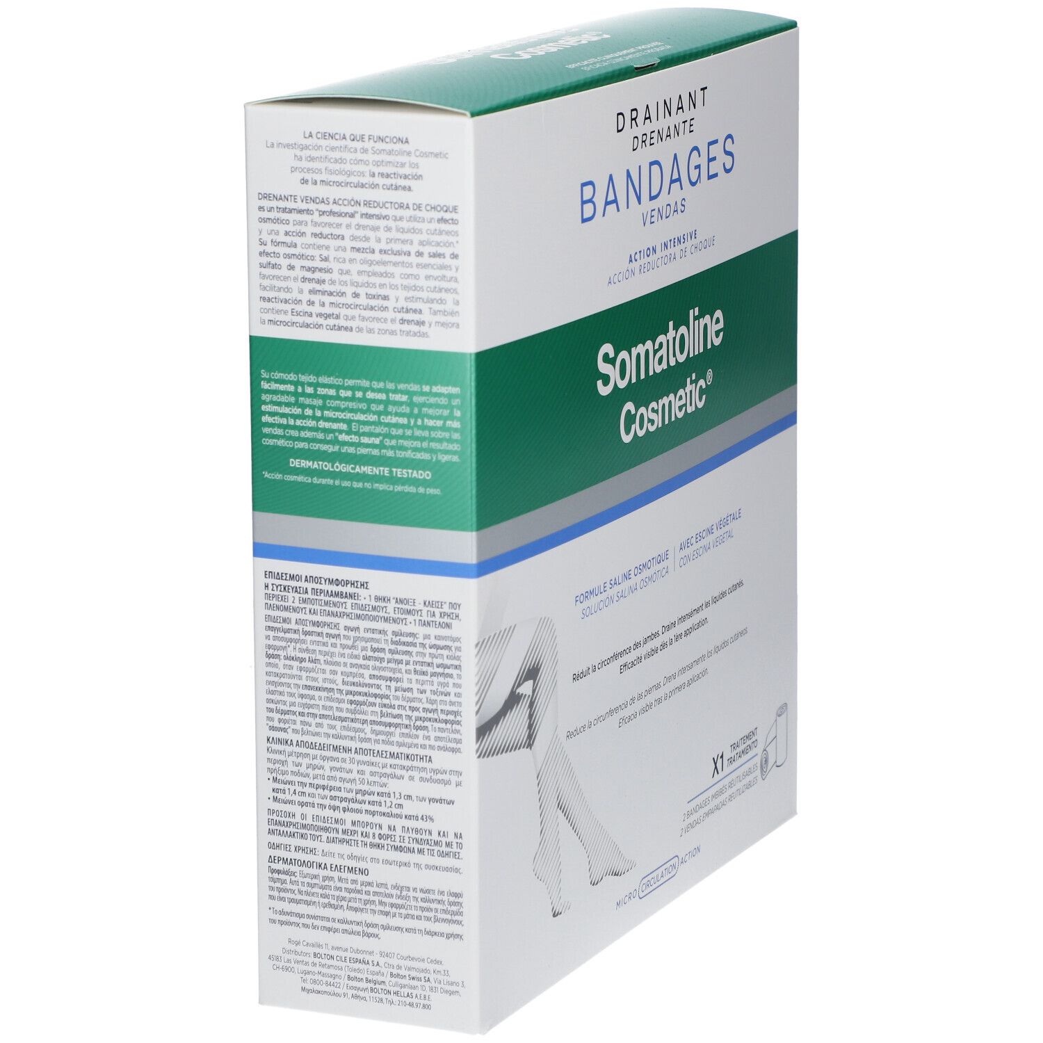 Verpackung von Somatoline Cosmetic Bandagen. Box mit Produktnamen und Bein-Illustration. Enthält Bandagen. Ansicht von der Seite.