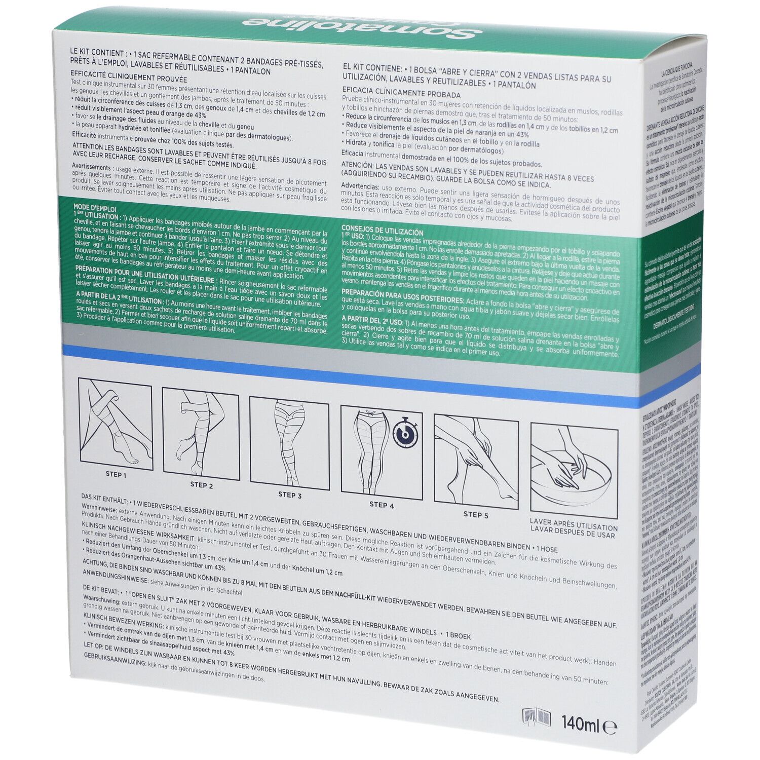 Rückseite der Somatoline Cosmetic Bandagen Verpackung. Enthält Anwendungsanweisungen und Produktinformationen in mehreren Sprachen.
