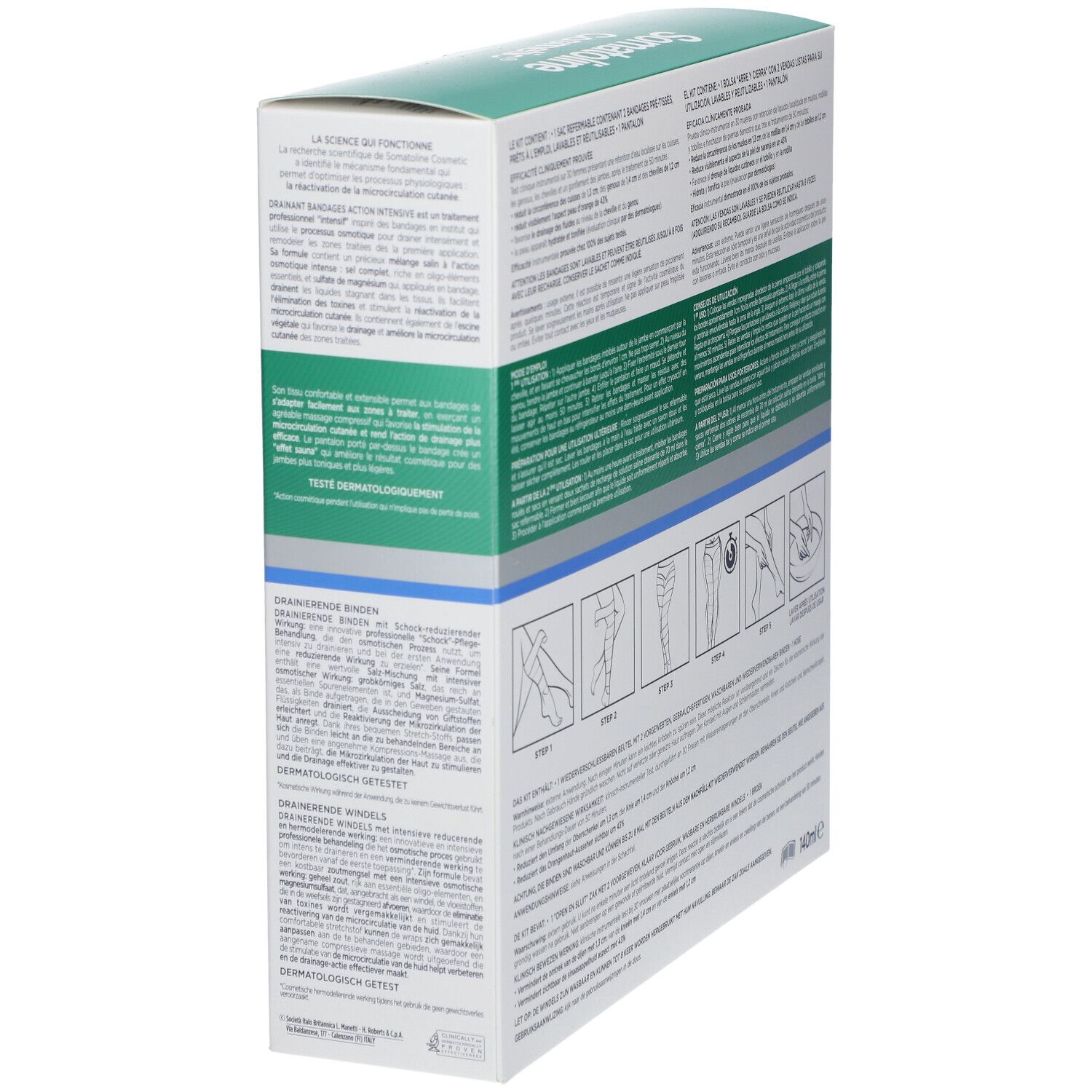 Rückseite der Somatoline Cosmetic Bandagen Verpackung. Enthält Produktinformationen und Anwendungsanweisungen.