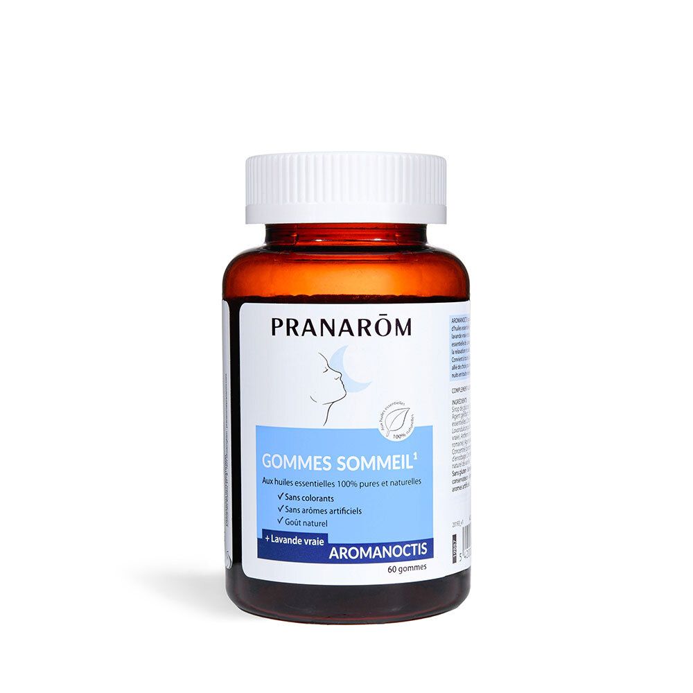 Flacon marron, bouchon blanc. Inscription: PRANARÔM, GOMMES SOMMEIL, Aromanoctis. 60 gommes.
