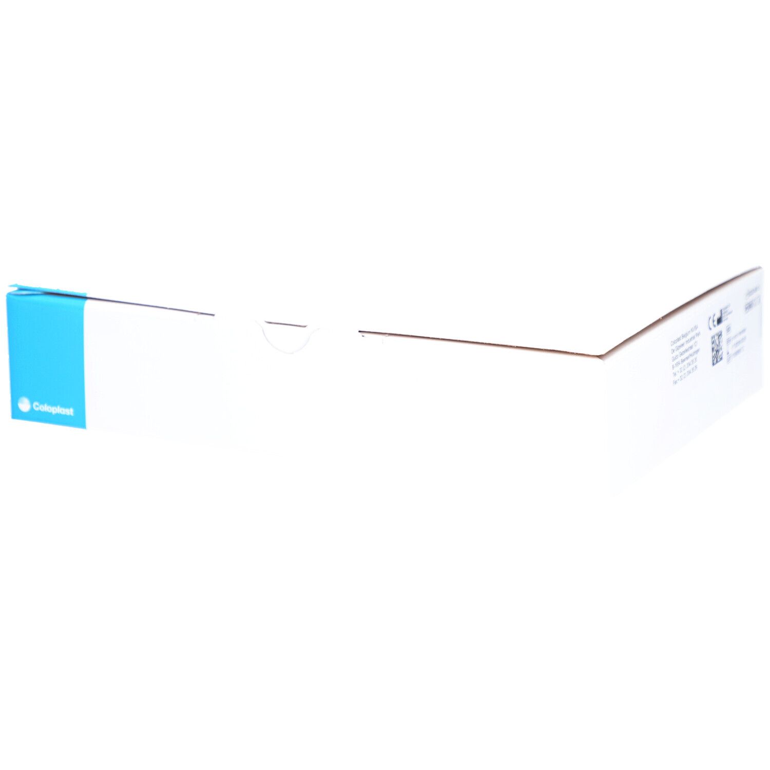 Emballage blanc ouvert. Coin bleu avec logo Coloplast. Informations produit à l'intérieur.