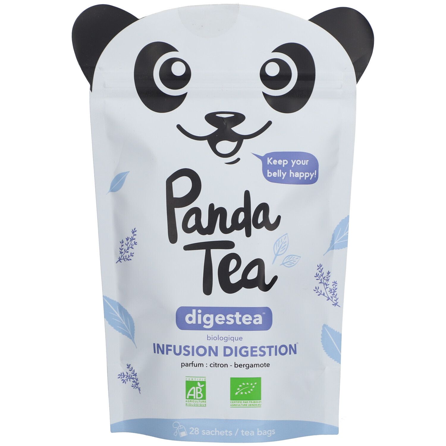 Zakje "Panda Tea Digestea" met panda gezicht. Opschrift "Infusion Digestion". Bio-logo's.