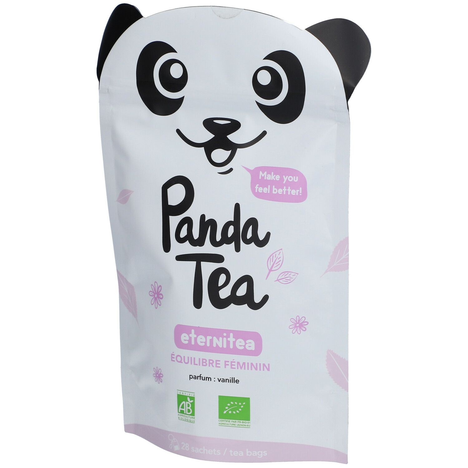 Weiße Verpackung mit Panda-Gesicht. Aufschrift: Panda Tea Eternitea, ÉQUILIBRE FÉMININ, parfum: vanille. AB- und Bio-Siegel.