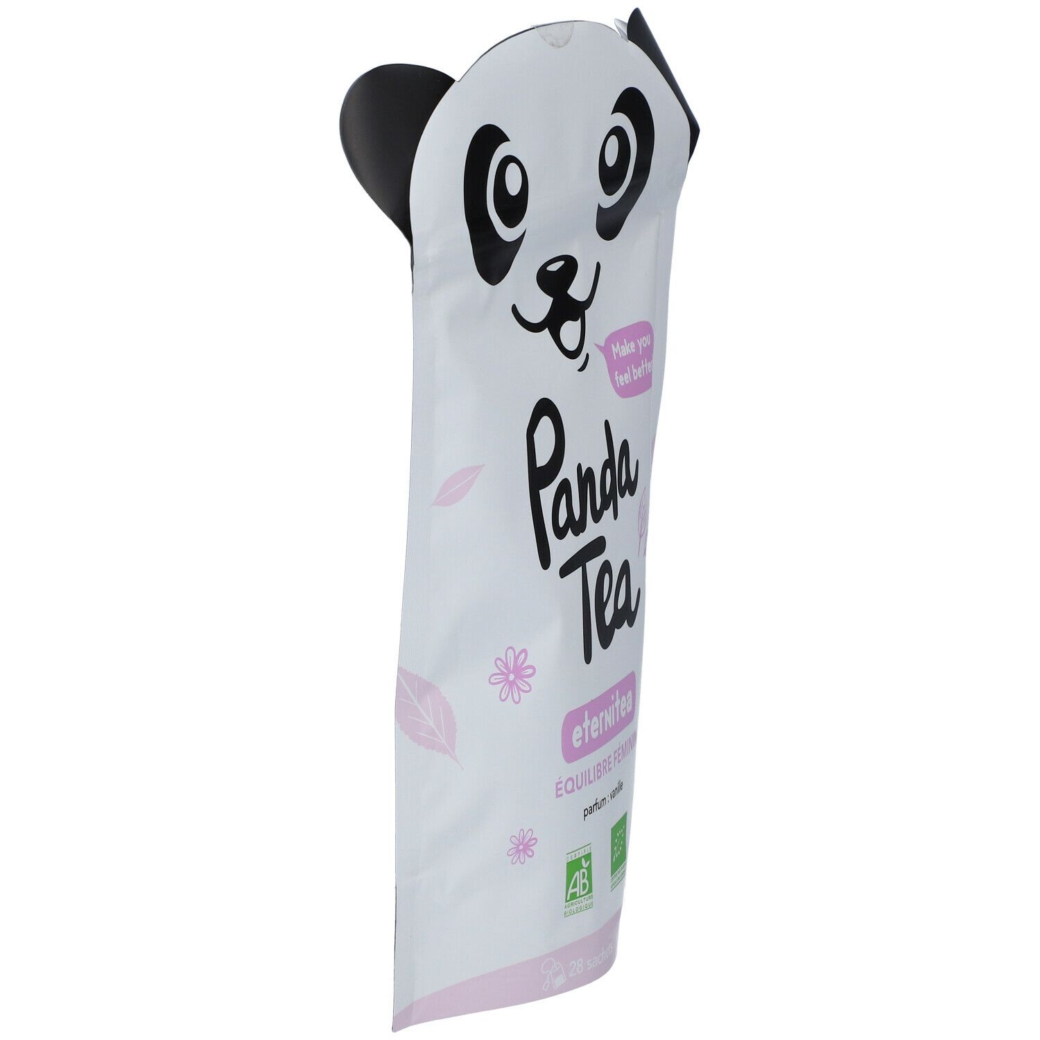 Schlanke, weiße Verpackung mit Panda-Gesicht. Aufschrift: Panda Tea Eternitea. Blickwinkel von der Seite.