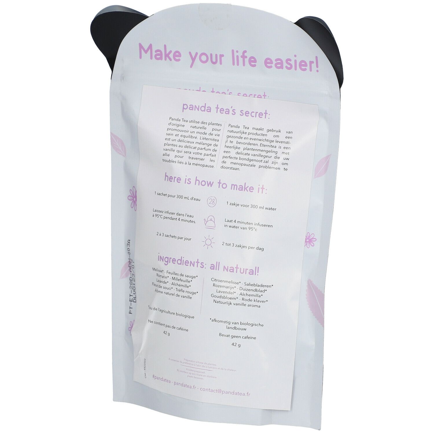 Rückseite der weißen Verpackung. Text: panda tea's secret, Zutaten, Zubereitungshinweise. Bio-Siegel.