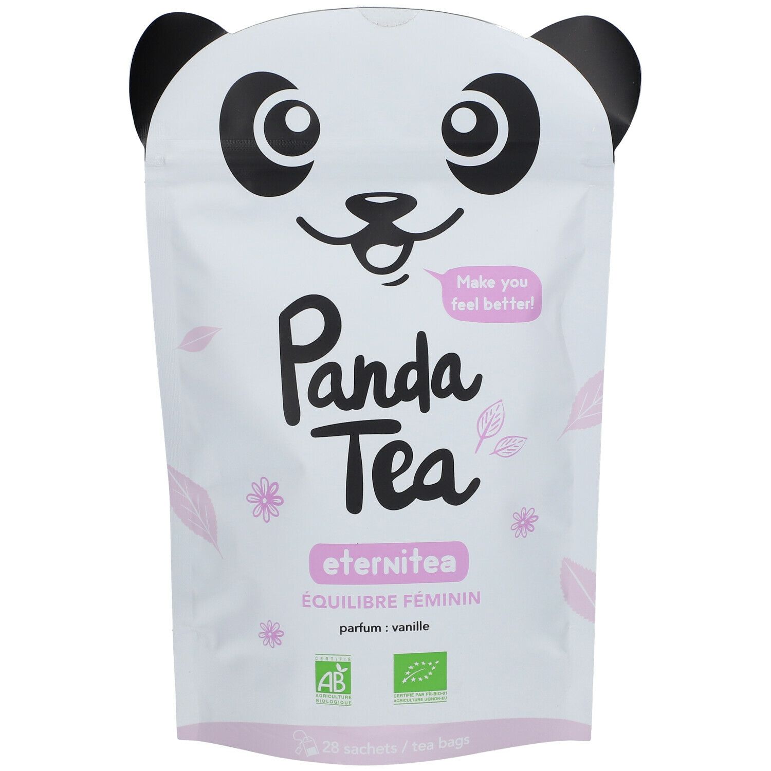 Weiße Verpackung mit Panda-Gesicht. Aufschrift: Panda Tea Eternitea, ÉQUILIBRE FÉMININ, parfum: vanille. AB- und Bio-Siegel.