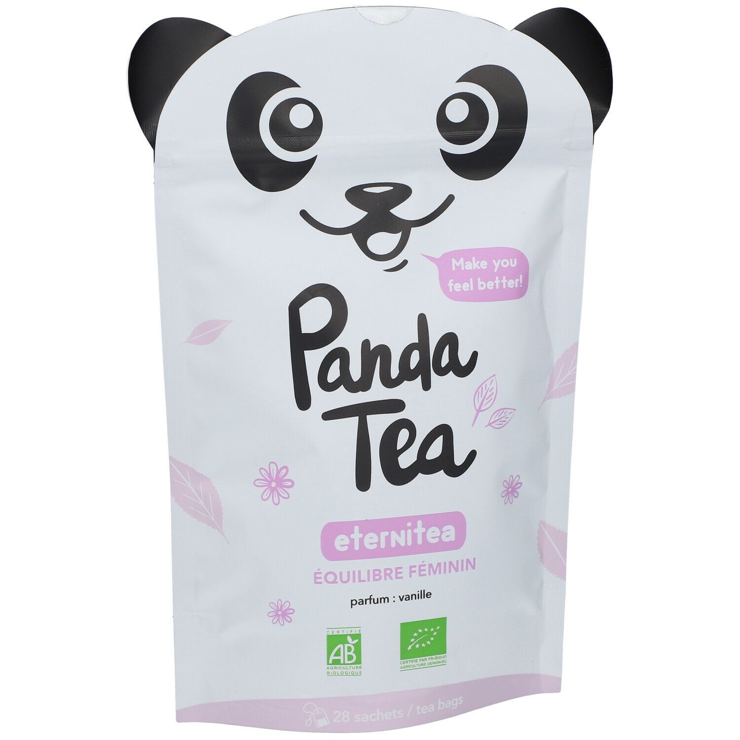 Weiße Verpackung mit Panda-Gesicht. Aufschrift: Panda Tea Eternitea, ÉQUILIBRE FÉMININ, parfum: vanille. AB- und Bio-Siegel.