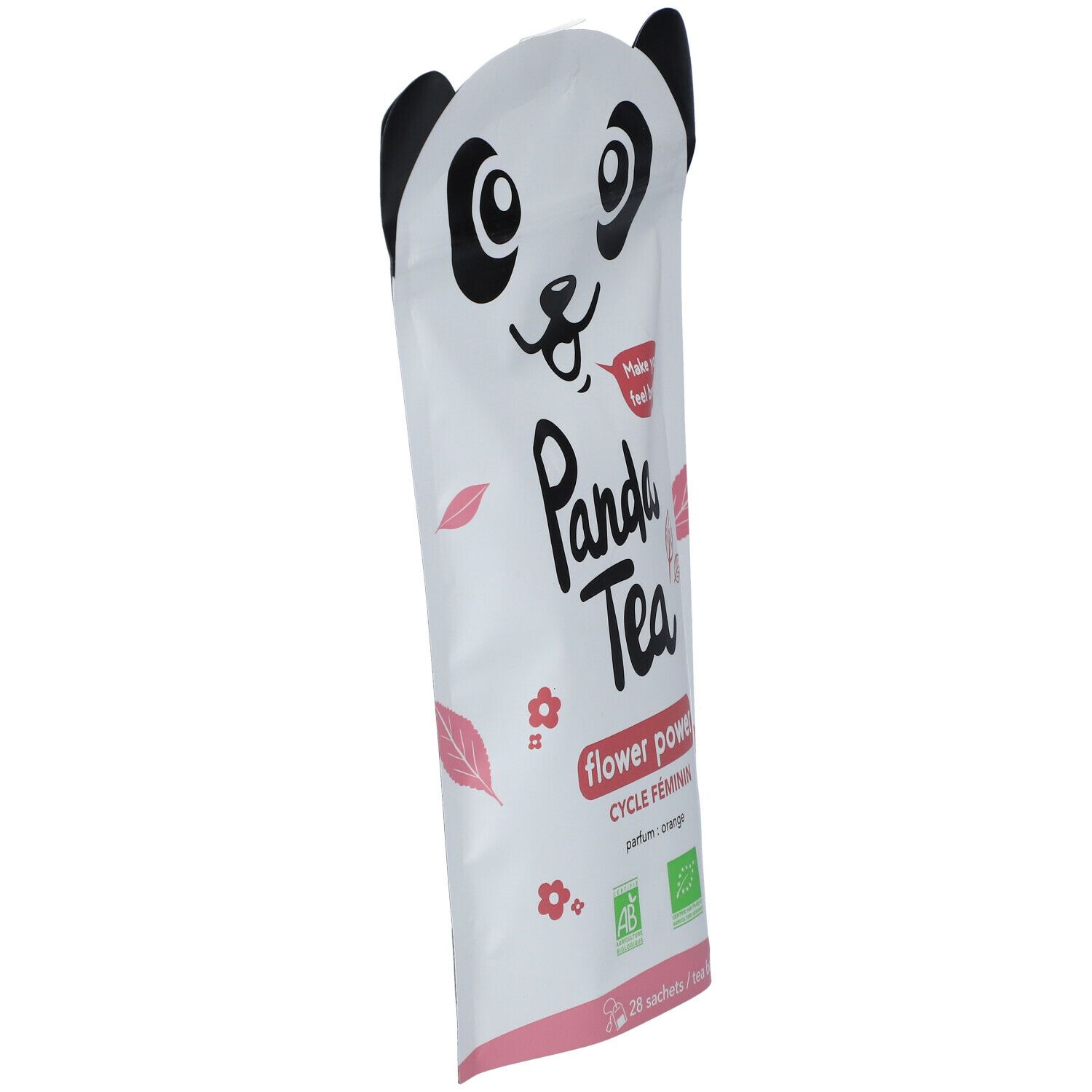 Schlanker Panda Tea Flower Power-Beutel mit Panda-Gesicht. Rosa Blüten und Blätter. Text: Flower Power, Cycle Féminin, Orange. 28 Teebeutel.
