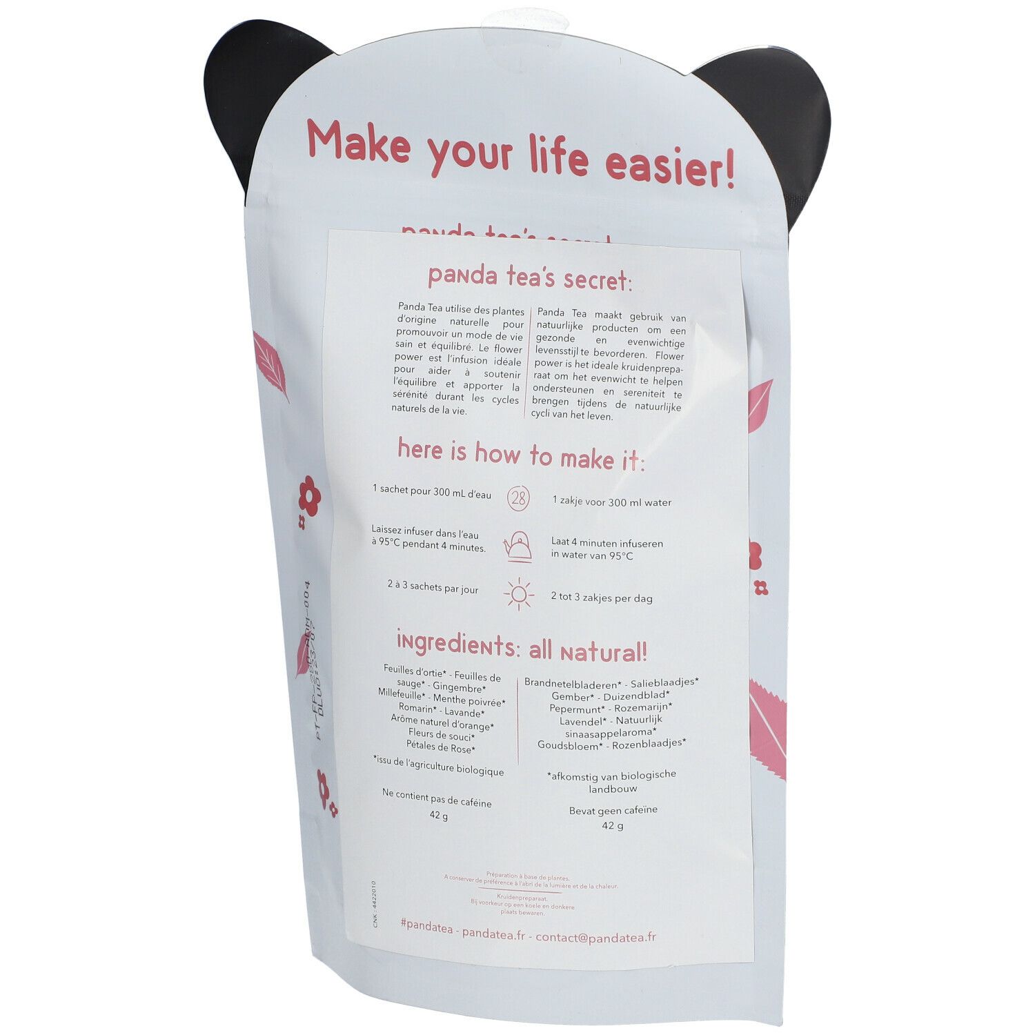 Rückseite des Panda Tea Flower Power-Beutels. Text: Panda Tea's Secret, Zutaten, Anwendungshinweise. Rosa Blüten und Blätter. Bio-Zertifizierung.