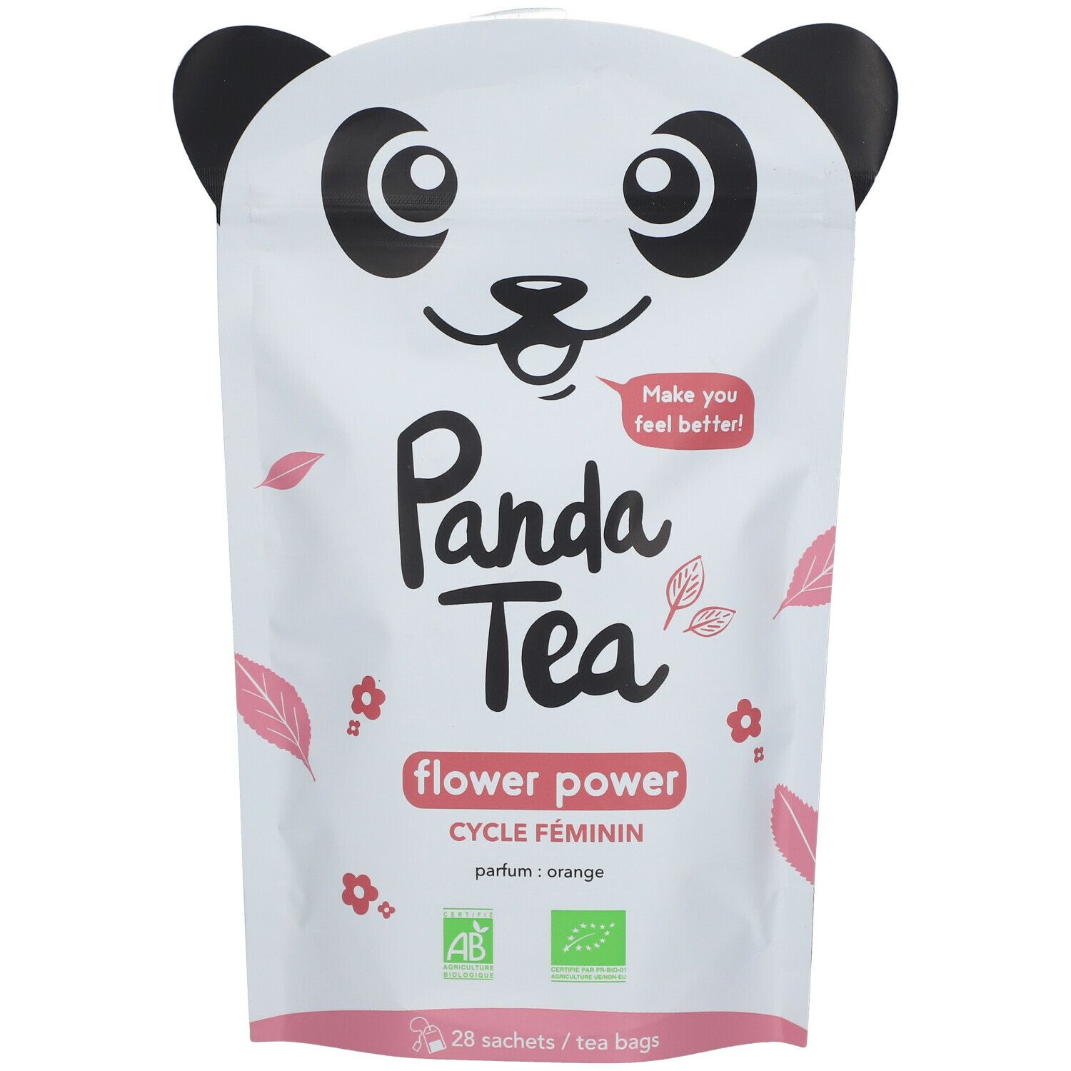 Panda Tea Flower Power-Beutel mit Panda-Gesicht. Rosa Blüten und Blätter. Text: Flower Power, Cycle Féminin, Orange. 28 Teebeutel. Bio-Siegel.